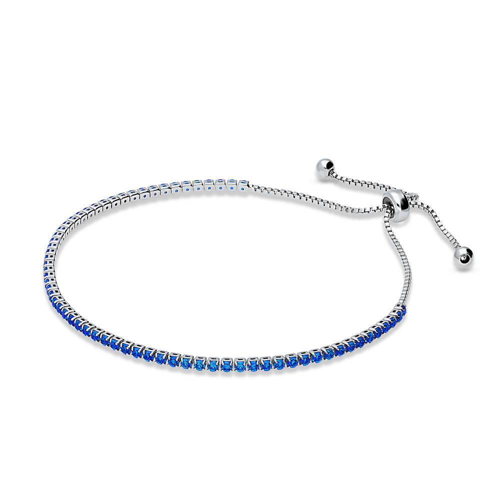 Front view of CZ Tennis Bracelet Gold Flashed, Blue Color