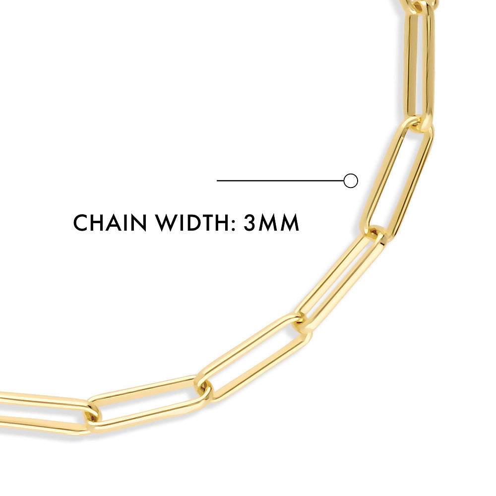 Front view of Paperclip Link Chain Bracelet in Sterling Silver 3mm, Yellow Gold Flashed