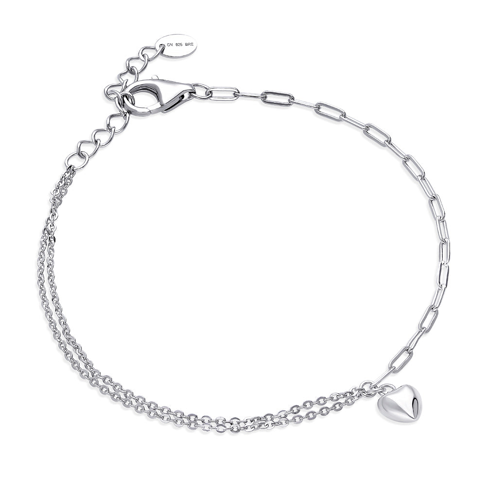 Front view of Heart Paperclip Charm Bracelet in Sterling Silver, Rhodium Plated