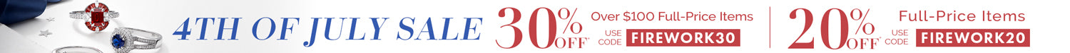 An Independence Day sale banner featuring silver rings with red and blue stones on a white background. Text on the right announces a sale: "30% OFF Over $100 Full-Price Items" with code "FIREWORK30", and "20% OFF Full-Price Items" with code "FIREWORK20".