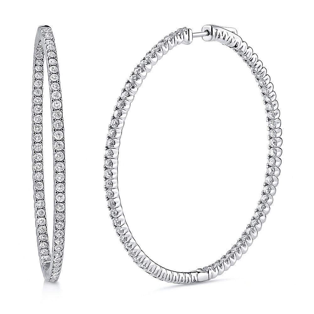 CZ Large Inside-Out Hoop Earrings in Sterling Silver 2.2 inch, Rhodium Plated