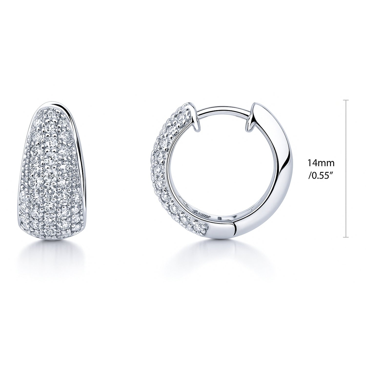 Dome CZ Small Huggie Earrings in Sterling Silver 0.6 inch, Rhodium Plated, Cubic Zirconia