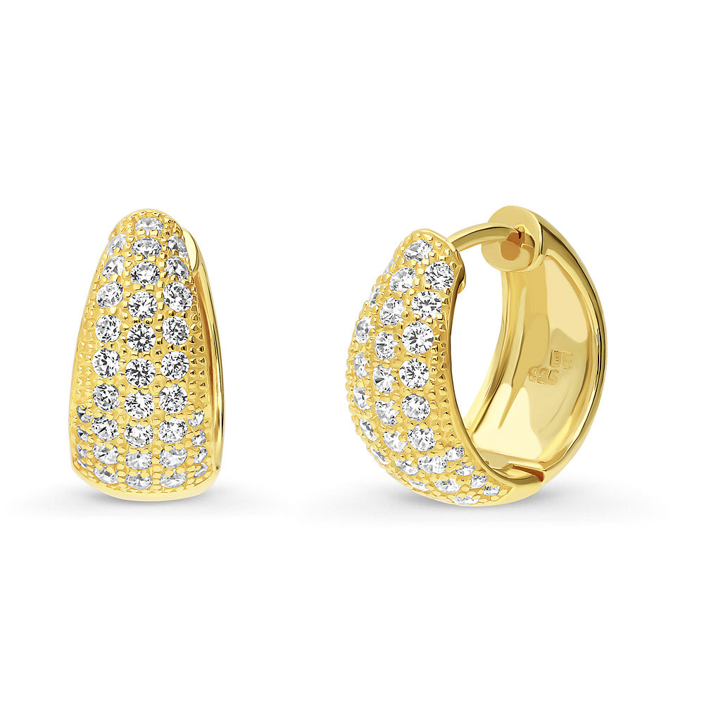 Dome CZ Small Huggie Earrings in Sterling Silver 0.6 inch, Yellow Gold Flashed, Cubic Zirconia