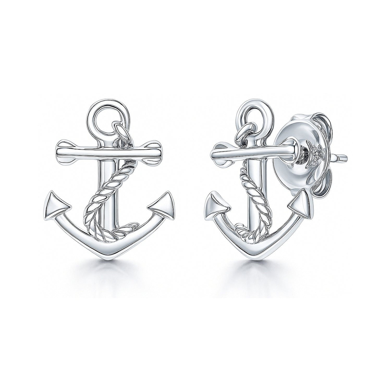 Anchor Stud Earrings in Sterling Silver, Rhodium Plated