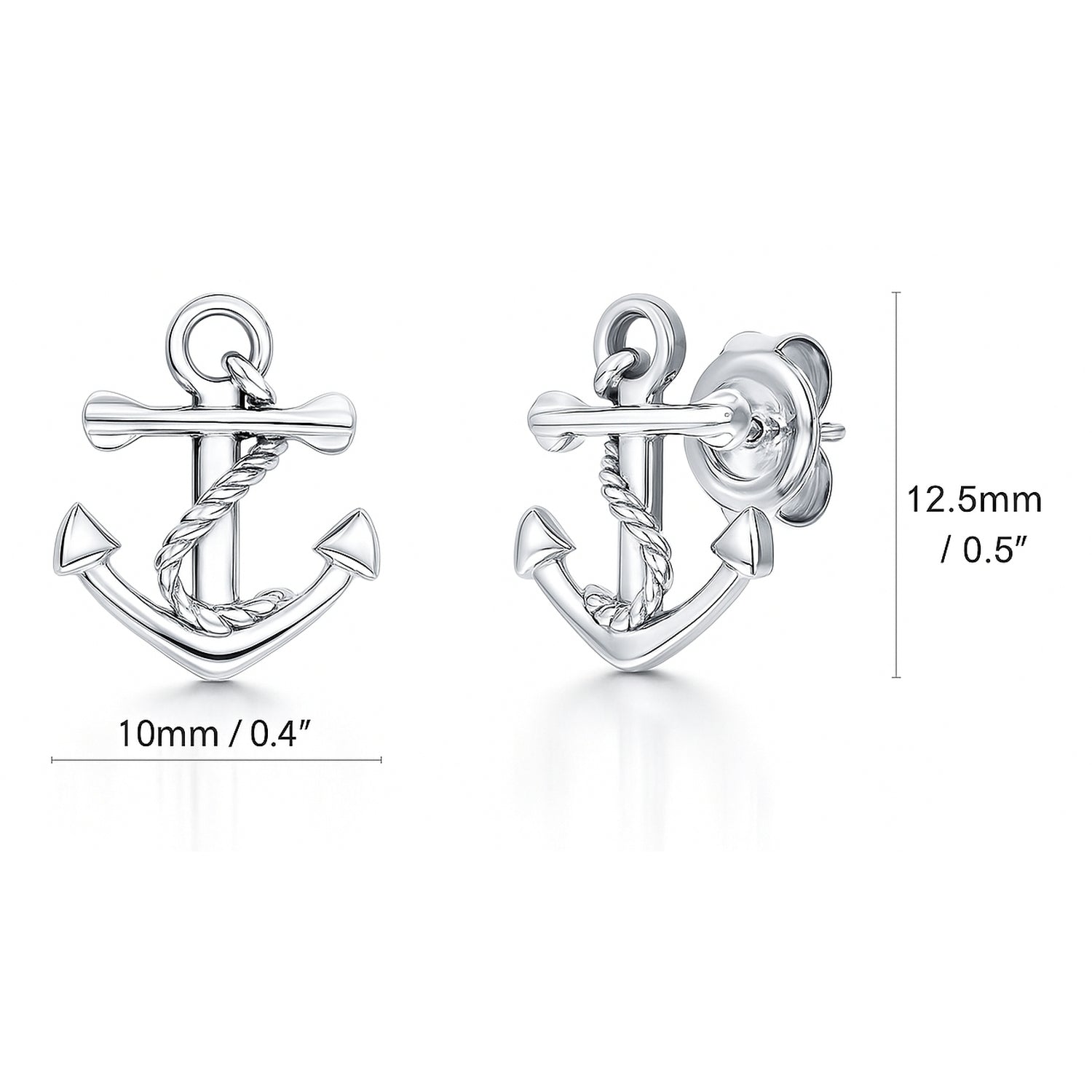 Anchor Stud Earrings in Sterling Silver, Rhodium Plated