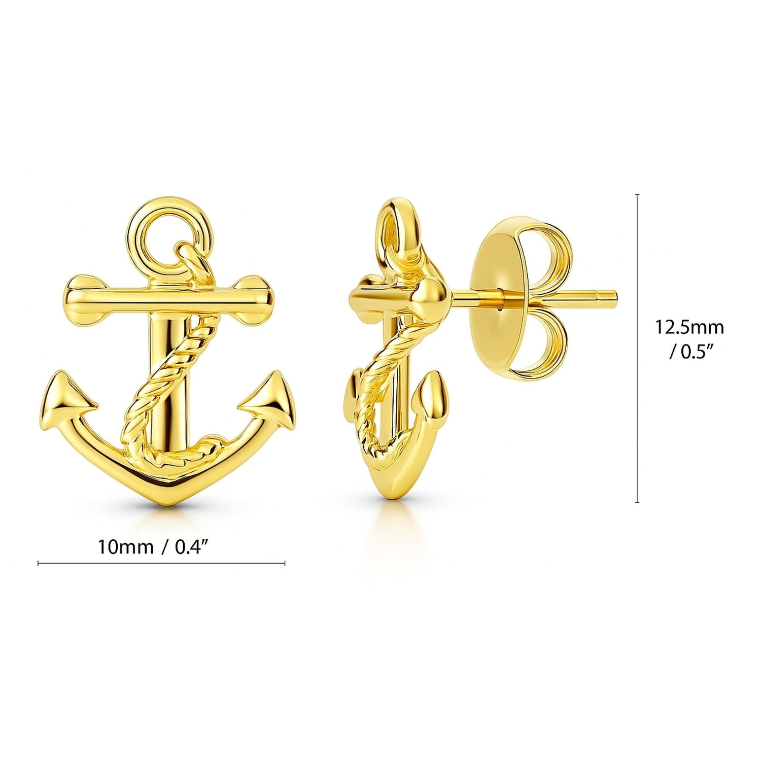 Anchor Stud Earrings in Sterling Silver, Yellow Gold Flashed