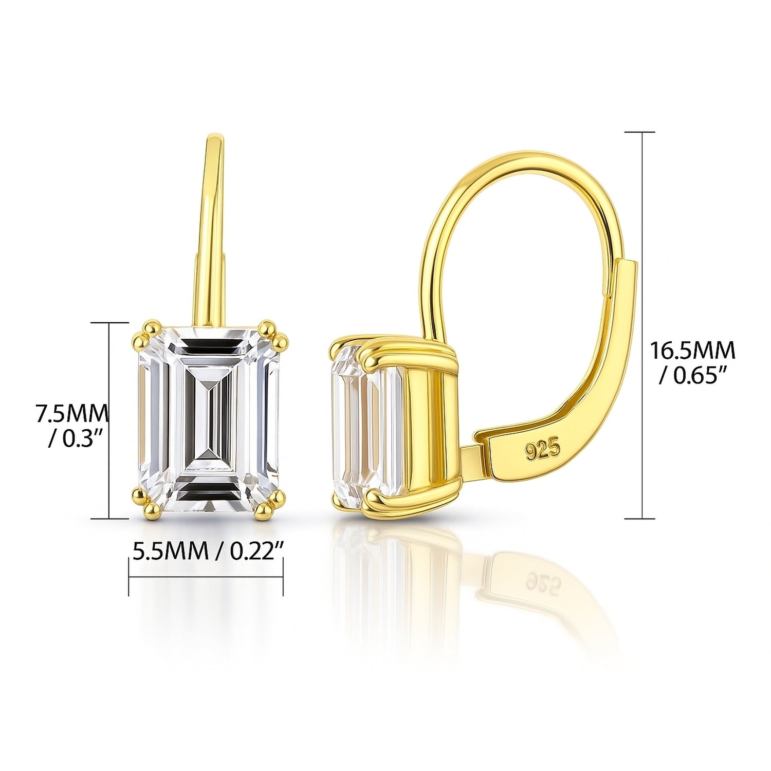 Solitaire Emerald Cut CZ Leverback Earrings in Sterling Silver, Yellow Gold Flashed