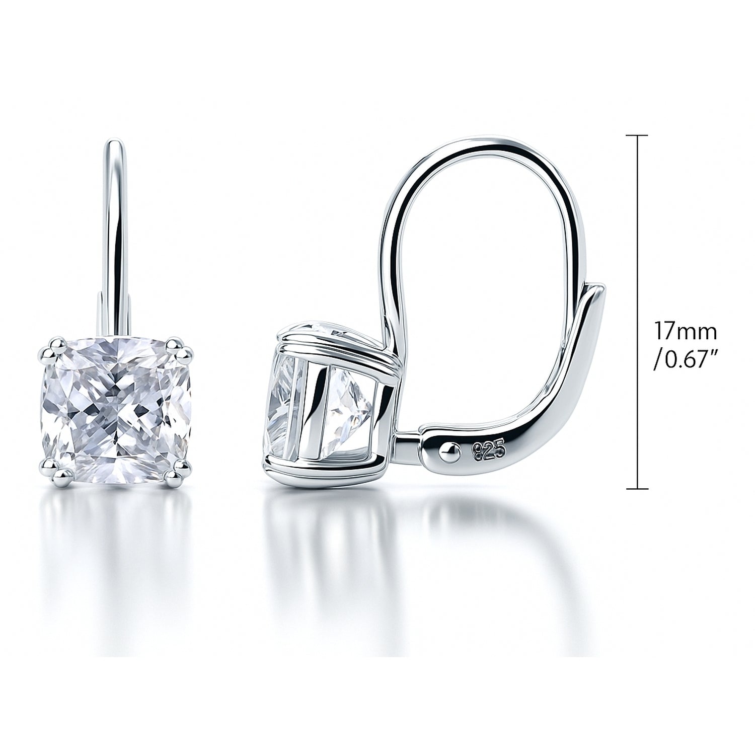 Solitaire 4ct Cushion CZ Leverback Earrings in Sterling Silver, Rhodium Plated