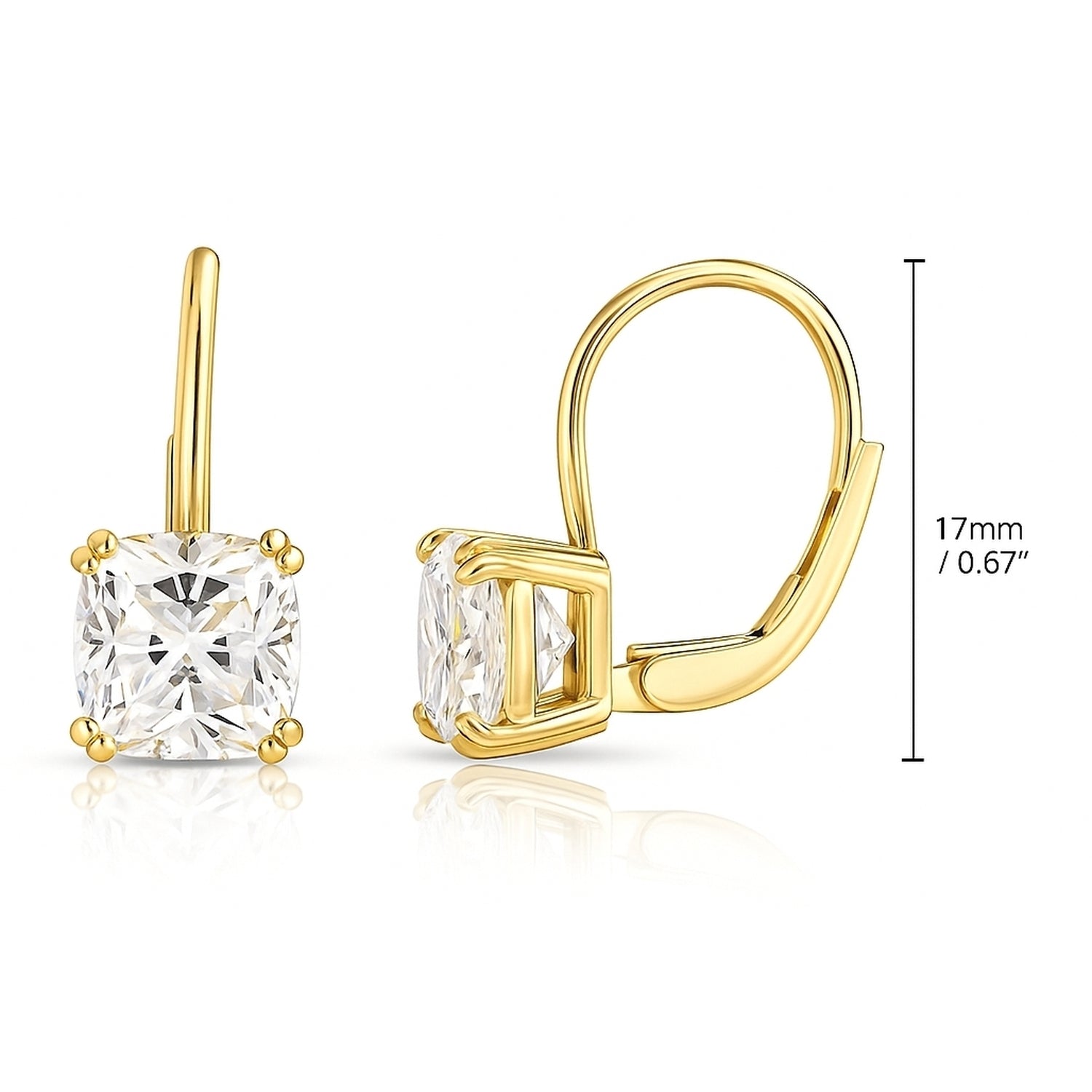 Solitaire 4ct Cushion CZ Leverback Earrings in Sterling Silver, Yellow Gold Flashed