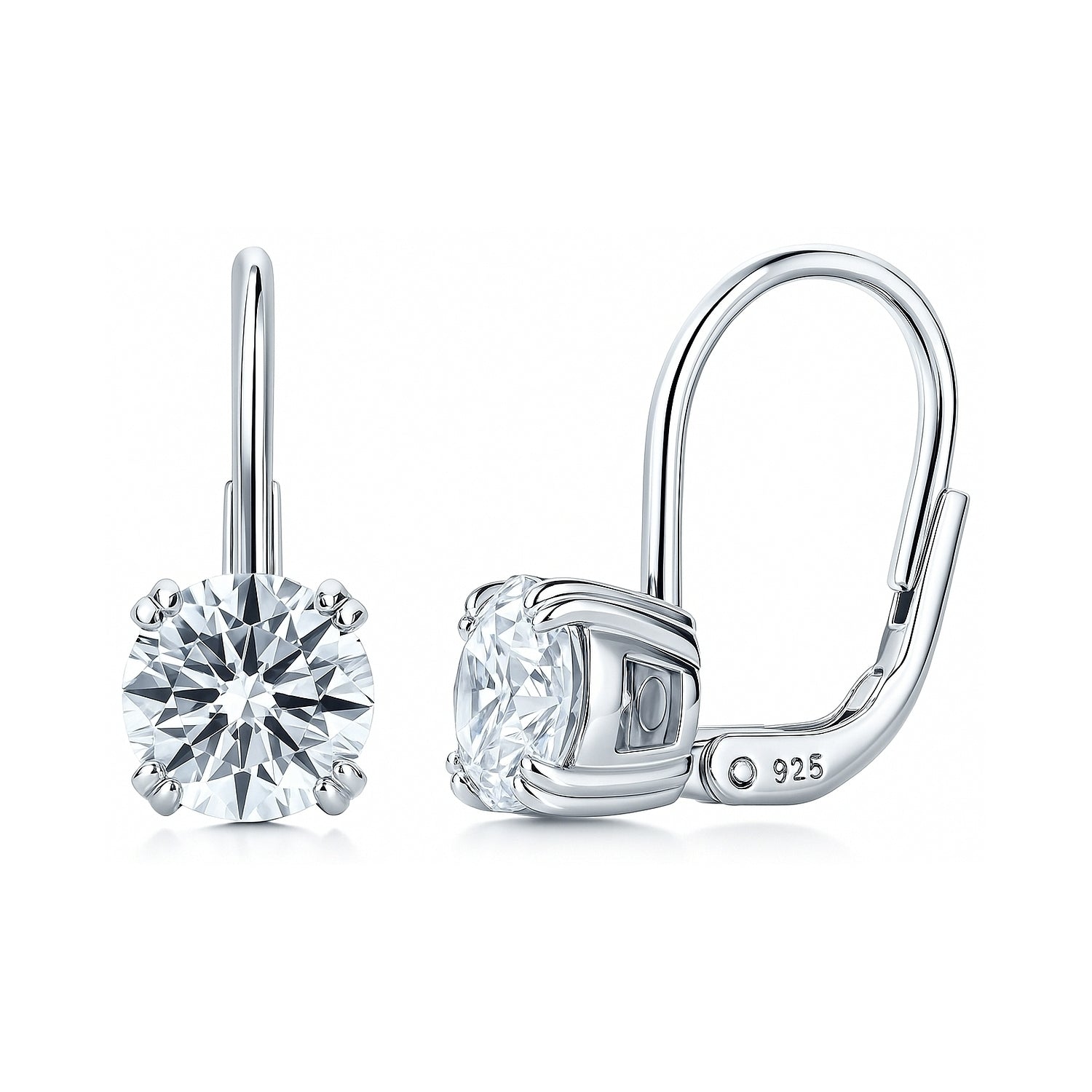 Solitaire CZ Leverback Earrings in Sterling Silver, Rhodium Plated, 7mm, Default Title