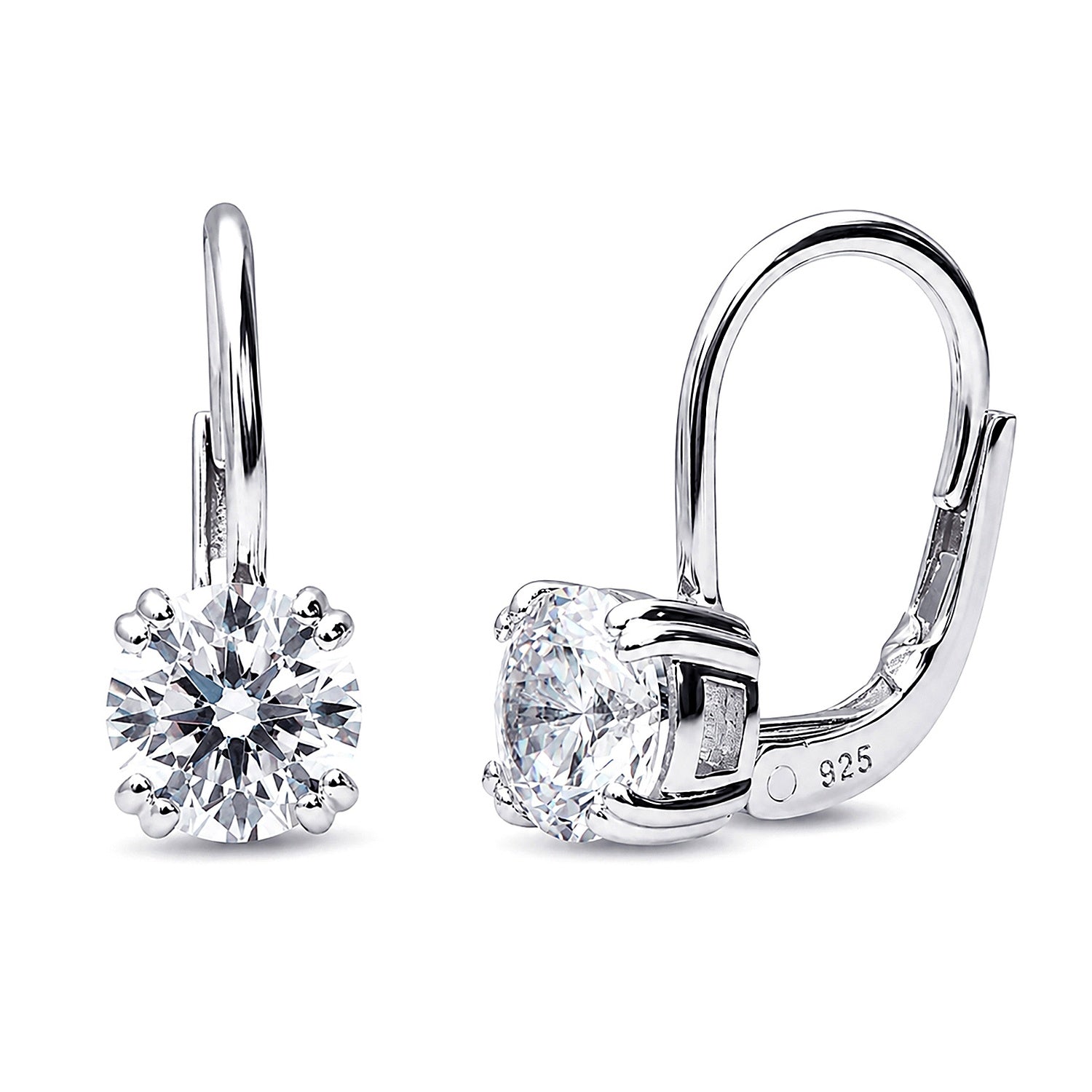 Solitaire CZ Leverback Earrings in Sterling Silver, Rhodium Plated / 6mm