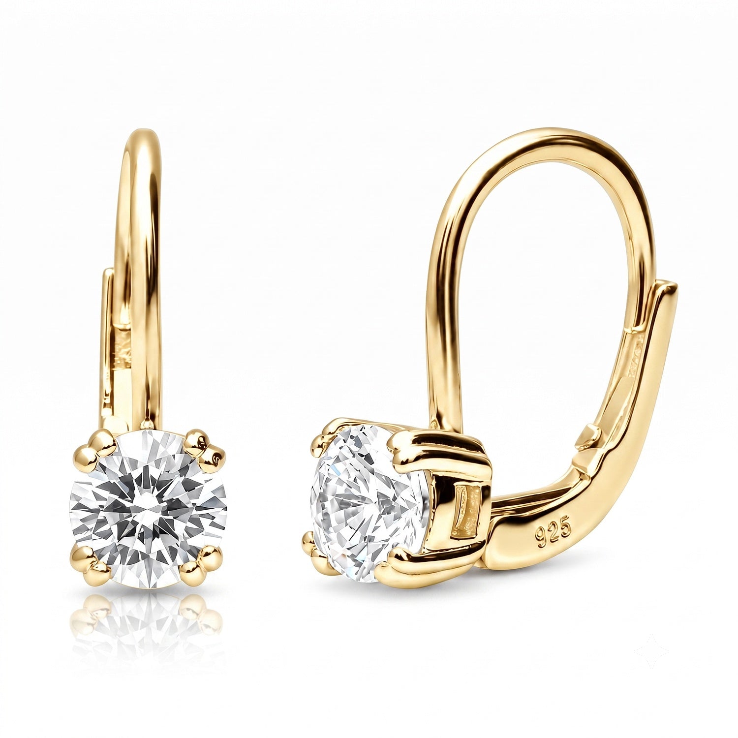 Solitaire CZ Leverback Earrings in Sterling Silver, Gold Flashed / 5mm
