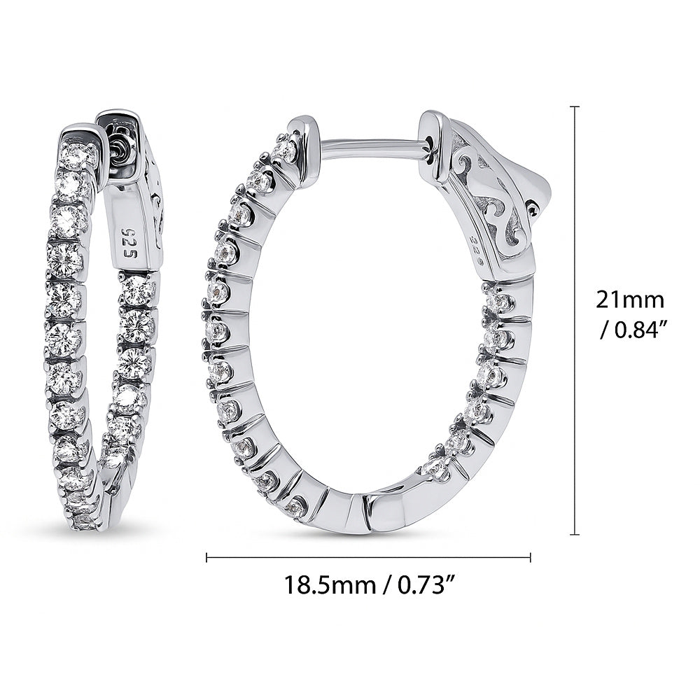 Oval CZ Small Inside-Out Hoop Earrings in Sterling Silver 0.8 inch, Rhodium Plated