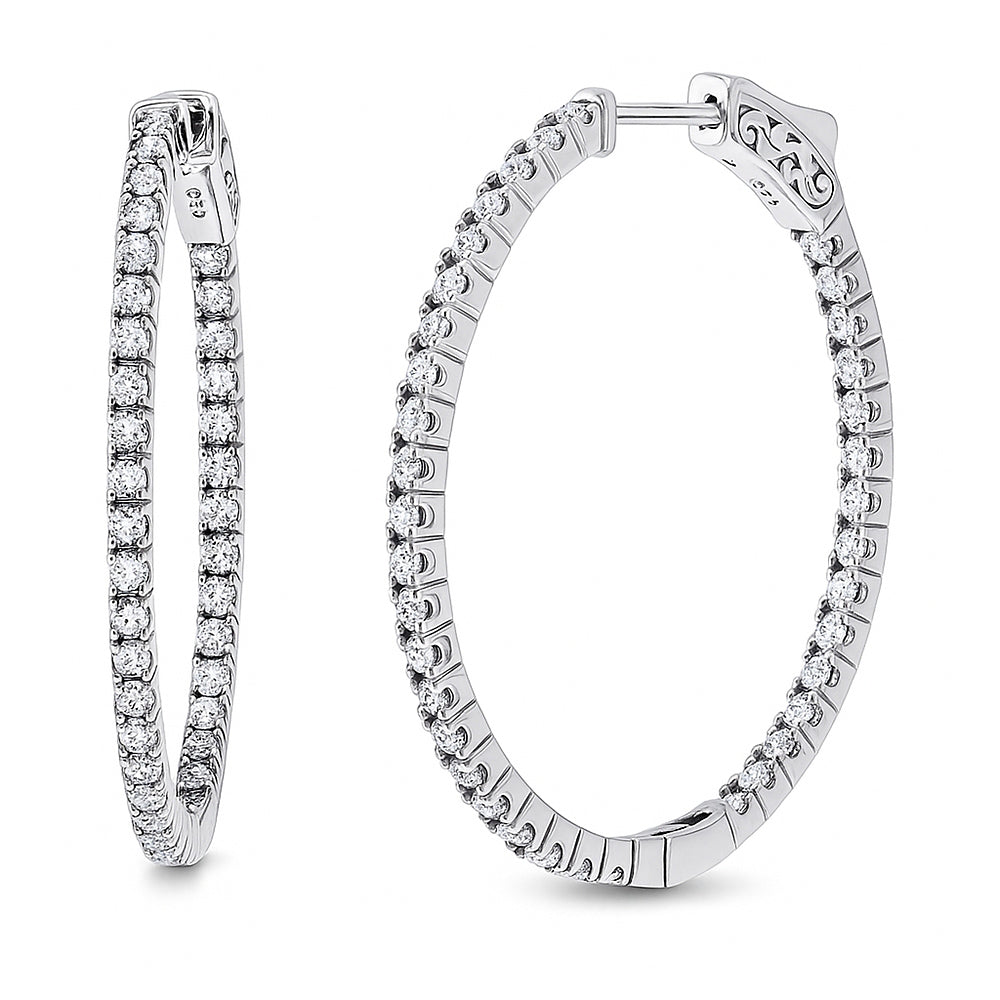 Oval CZ Inside-Out Hoop Earrings in Sterling Silver 1.4 inch, Rhodium Plated