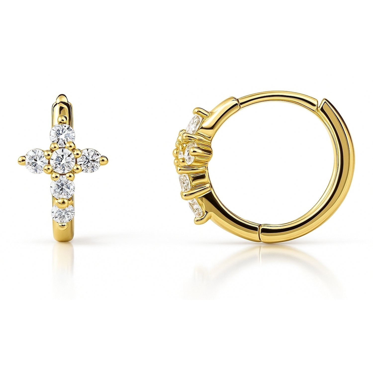 Cross CZ Mini Huggie Earrings in Sterling Silver 0.5 inch, Gold Flashed