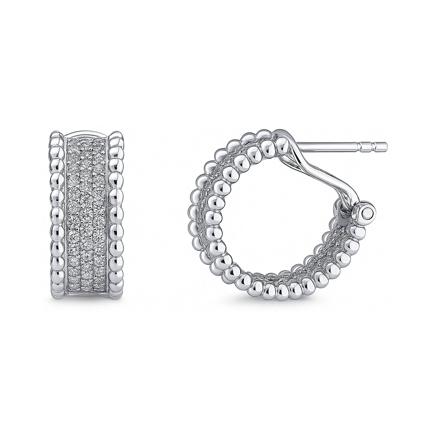 Bead CZ Small Omega Back Hoop Earrings in Sterling Silver 0.7"