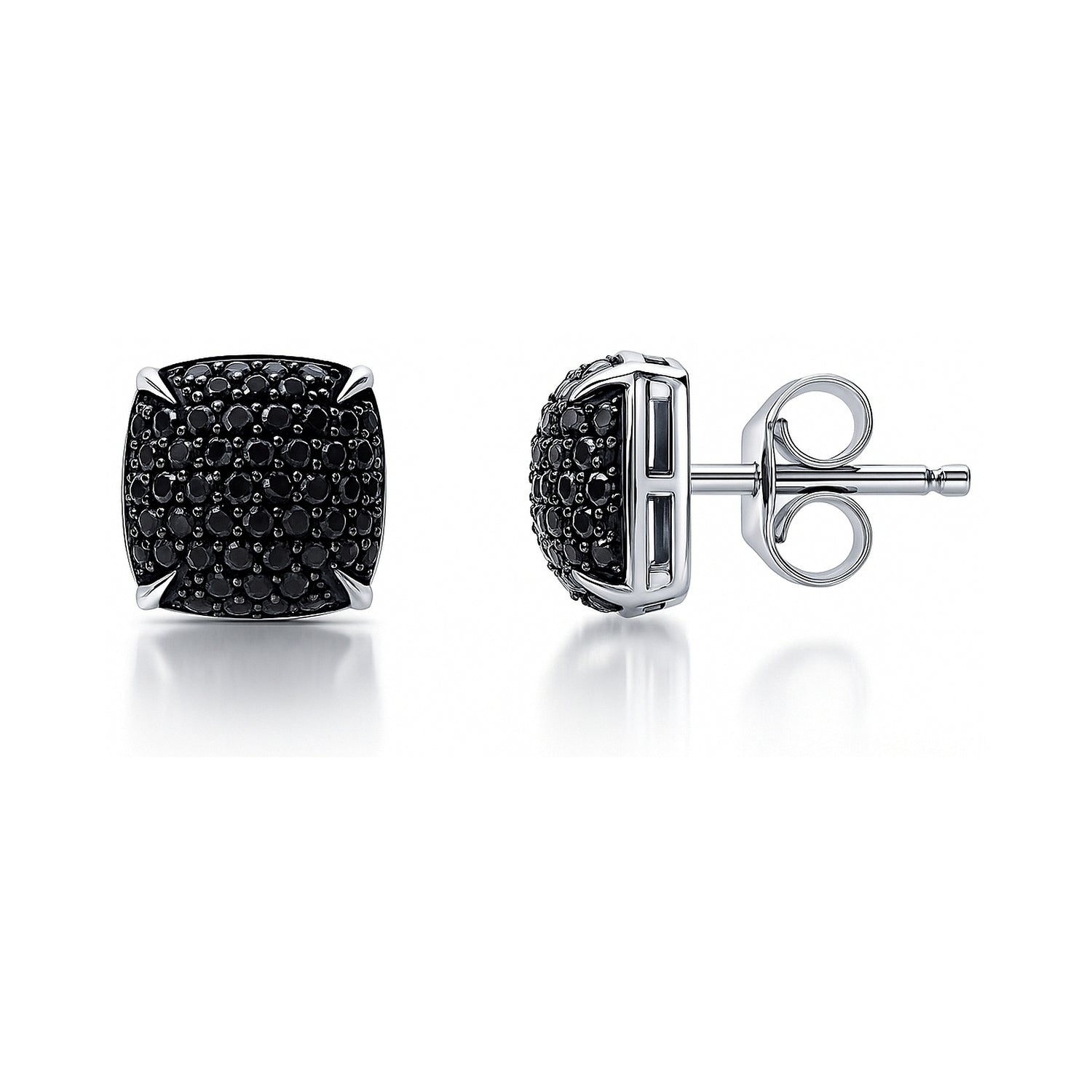 Square CZ Stud Earrings in Sterling Silver, Black Color