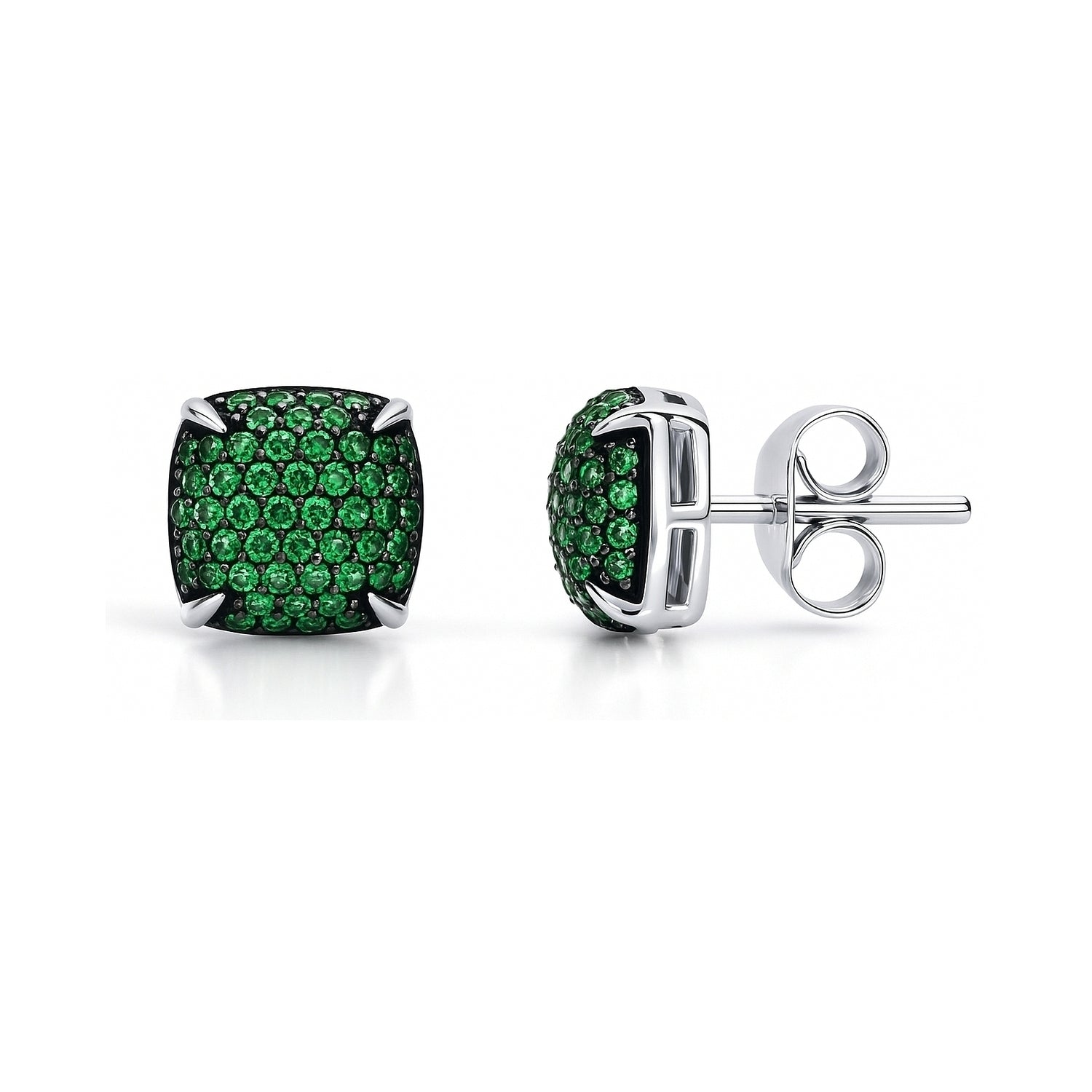 Square CZ Stud Earrings in Sterling Silver, Green Color