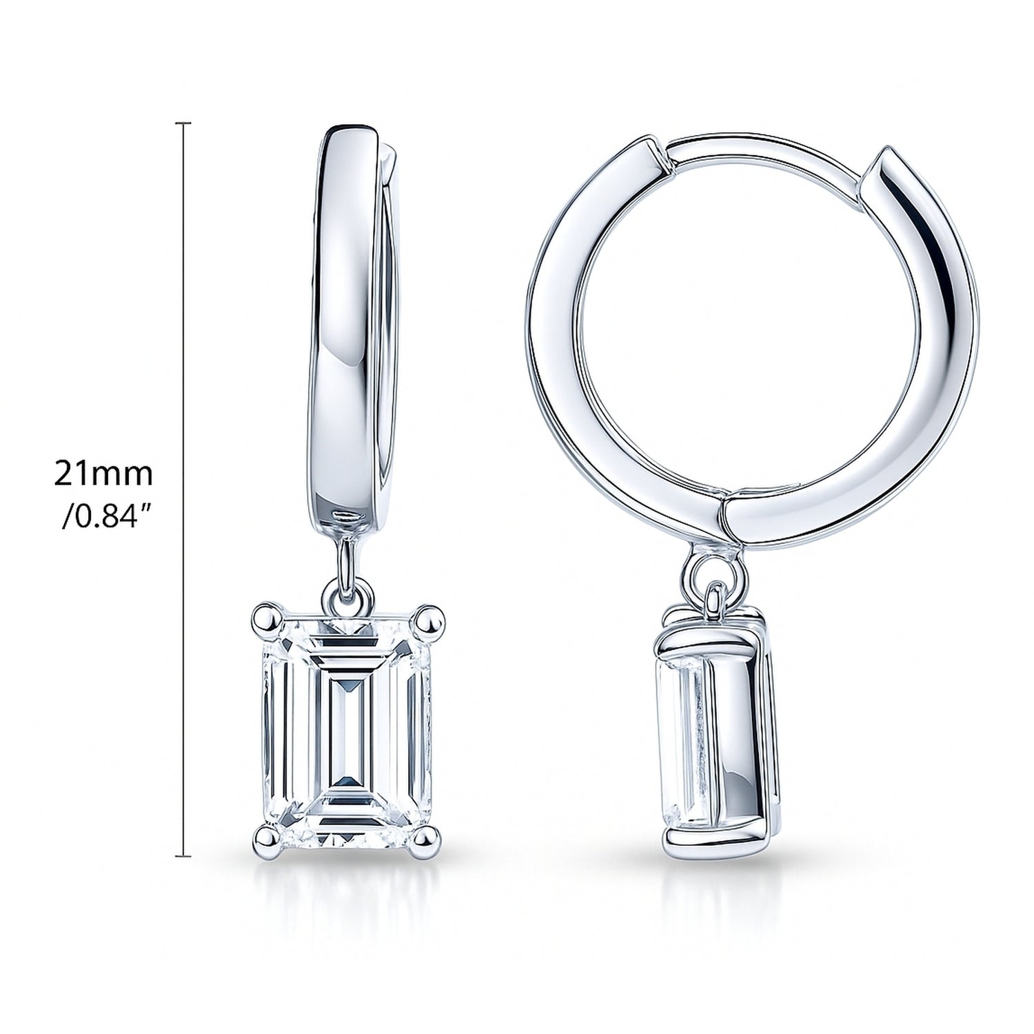 Solitaire CZ Cartilage Huggie Earrings in Sterling Silver 0.5 inch, Emerald Cut