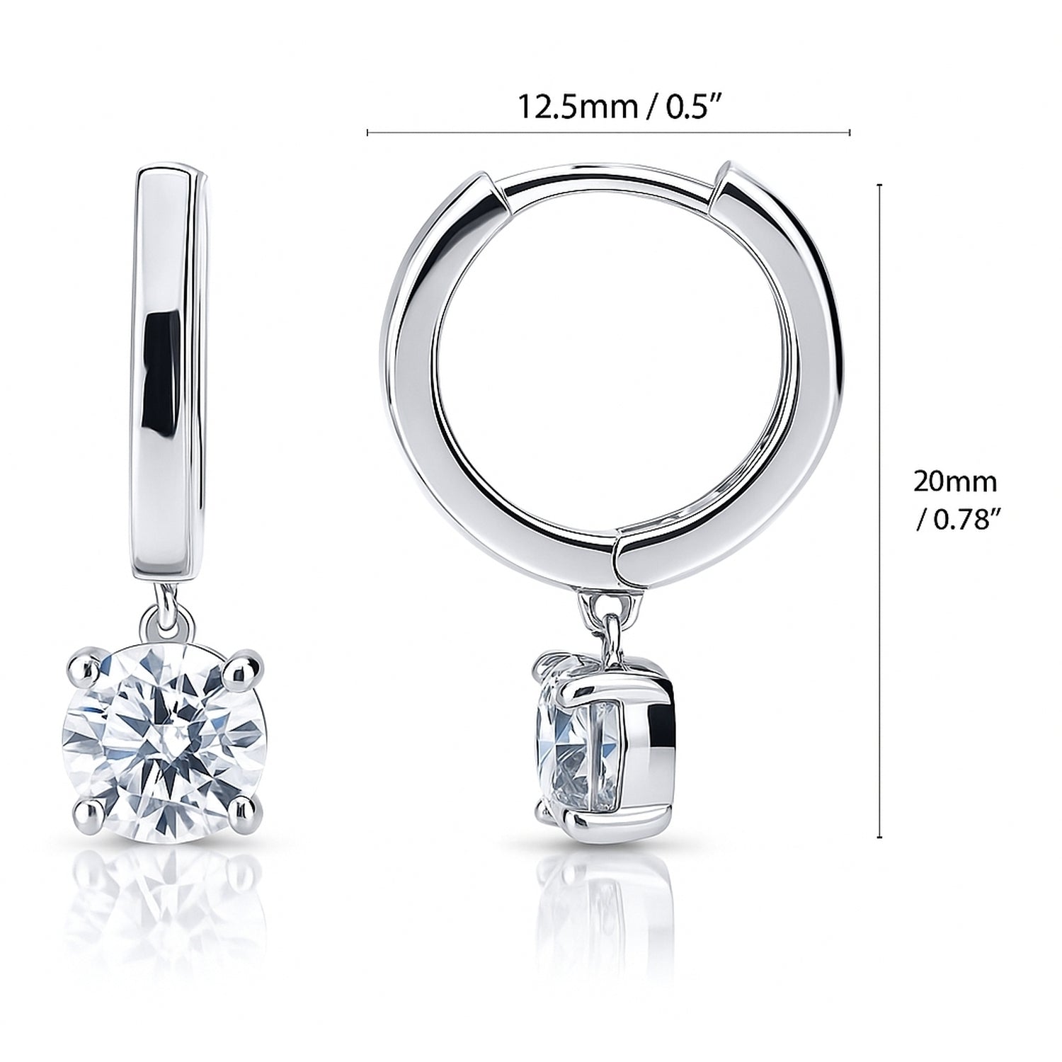 Solitaire CZ Cartilage Huggie Earrings in Sterling Silver 0.5 inch, Round Cut