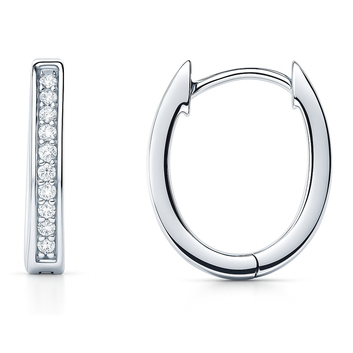 Oval Bar CZ Small Hoop Earrings in Sterling Silver 0.7 inch, Rhodium Plated