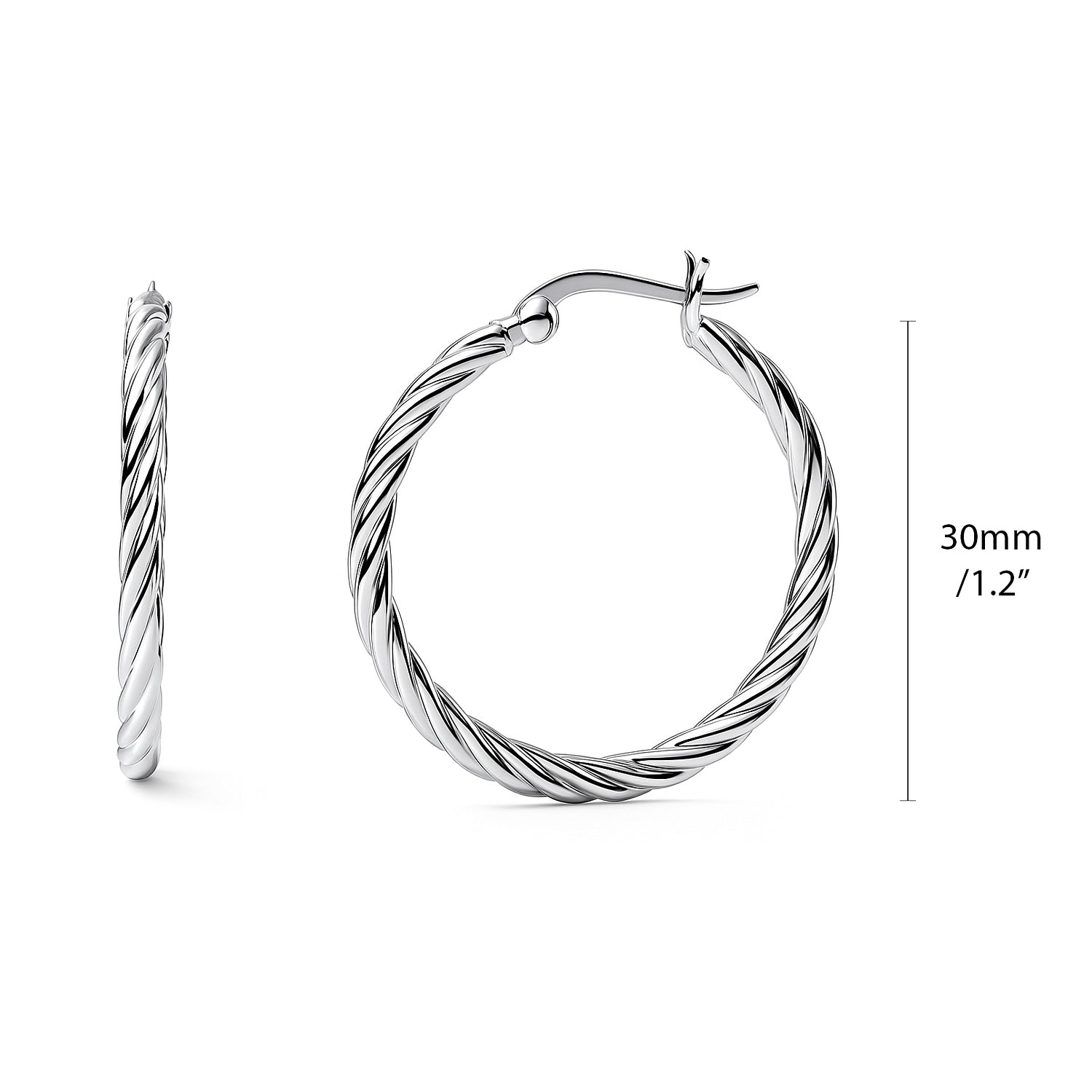Cable Hoop Earrings in Sterling Silver 1.2 inch, Rhodium Plated