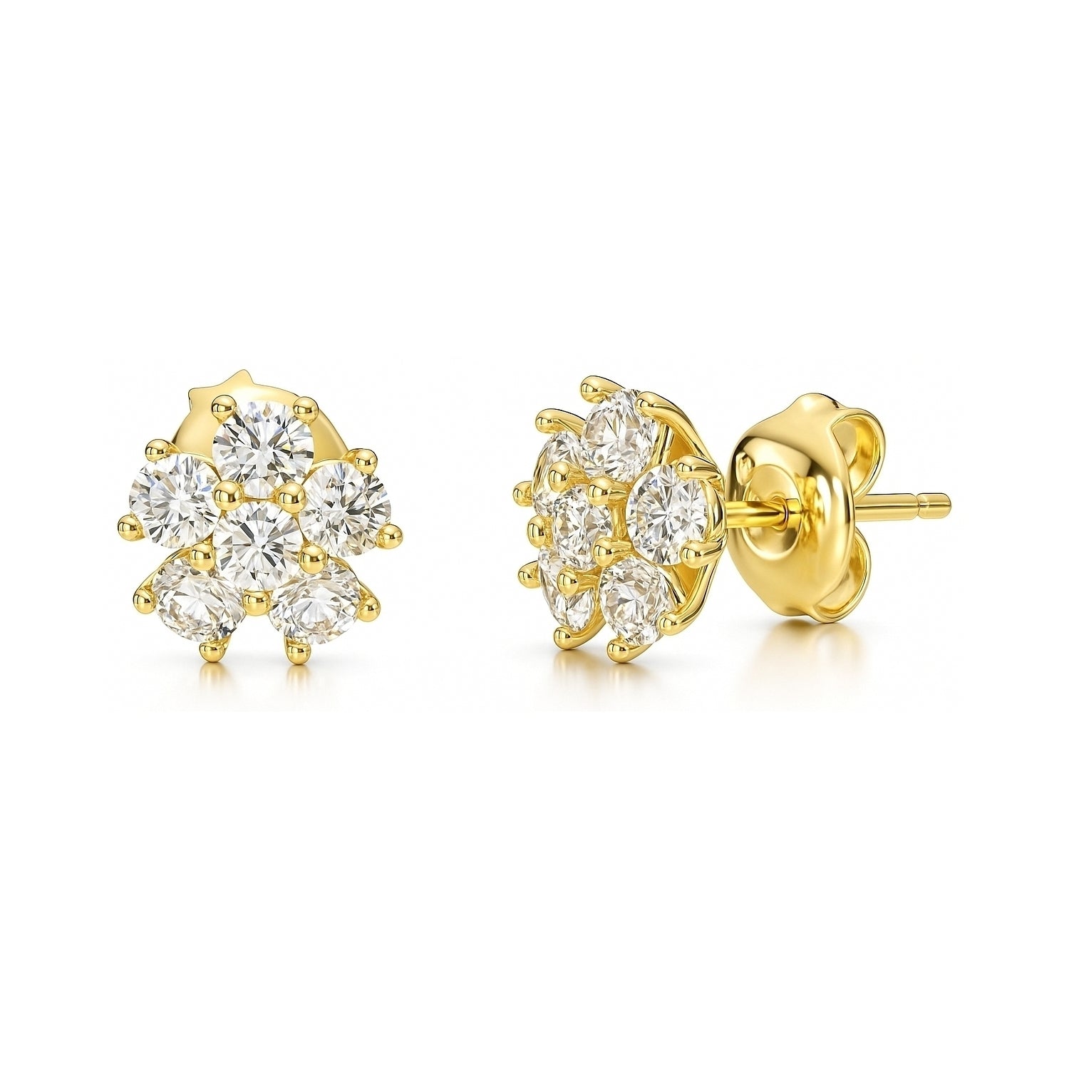 Flower CZ Stud Earrings in Sterling Silver, Yellow Gold Flashed