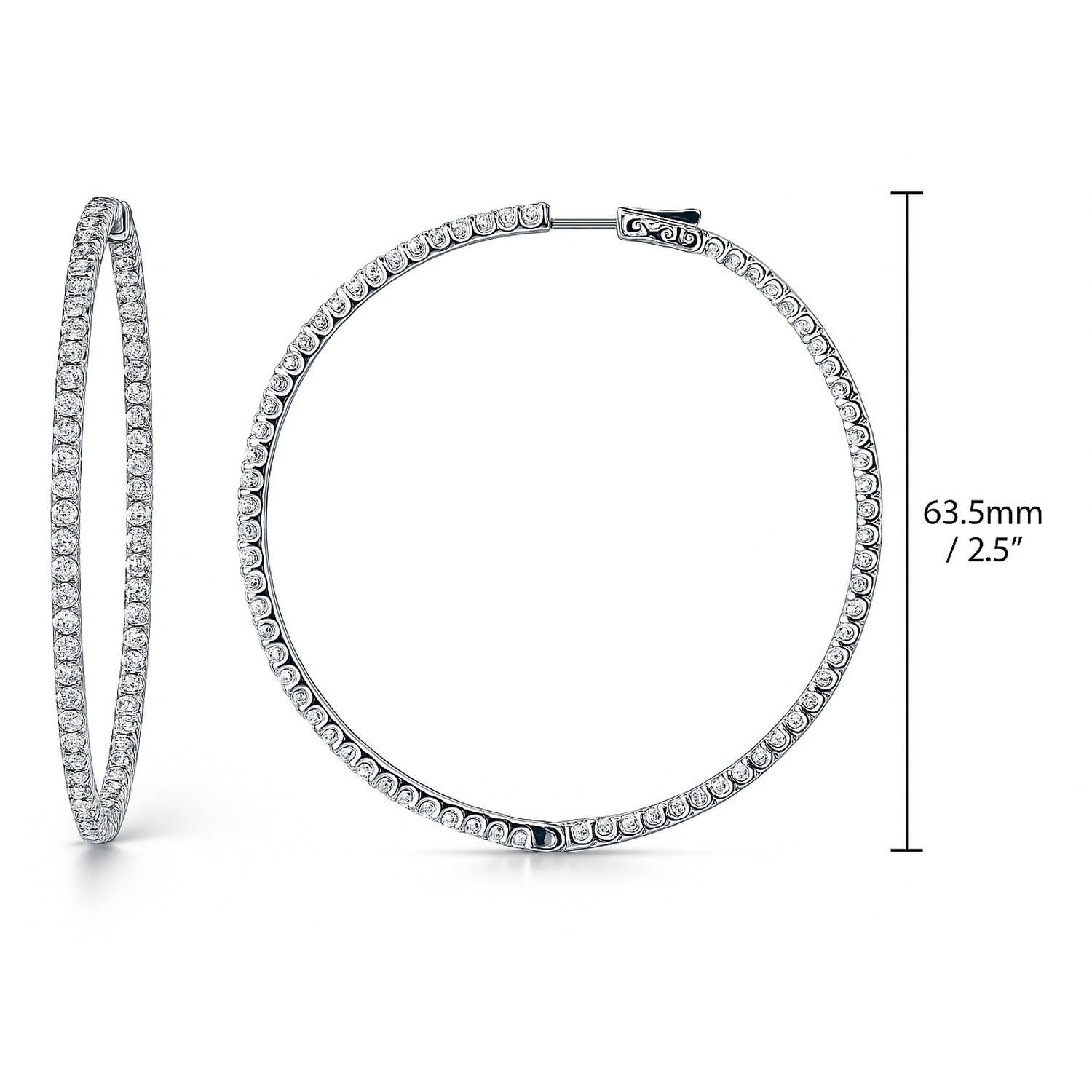 CZ Large Inside-Out Hoop Earrings in Sterling Silver 2.5 inch, Rhodium Plated