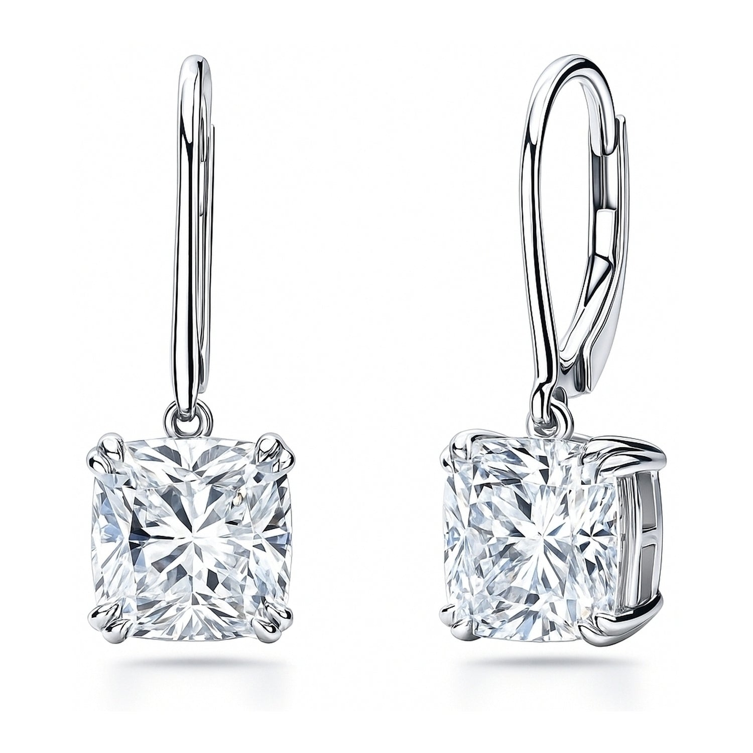 Solitaire 6ct Cushion CZ Leverback Earrings in Sterling Silver