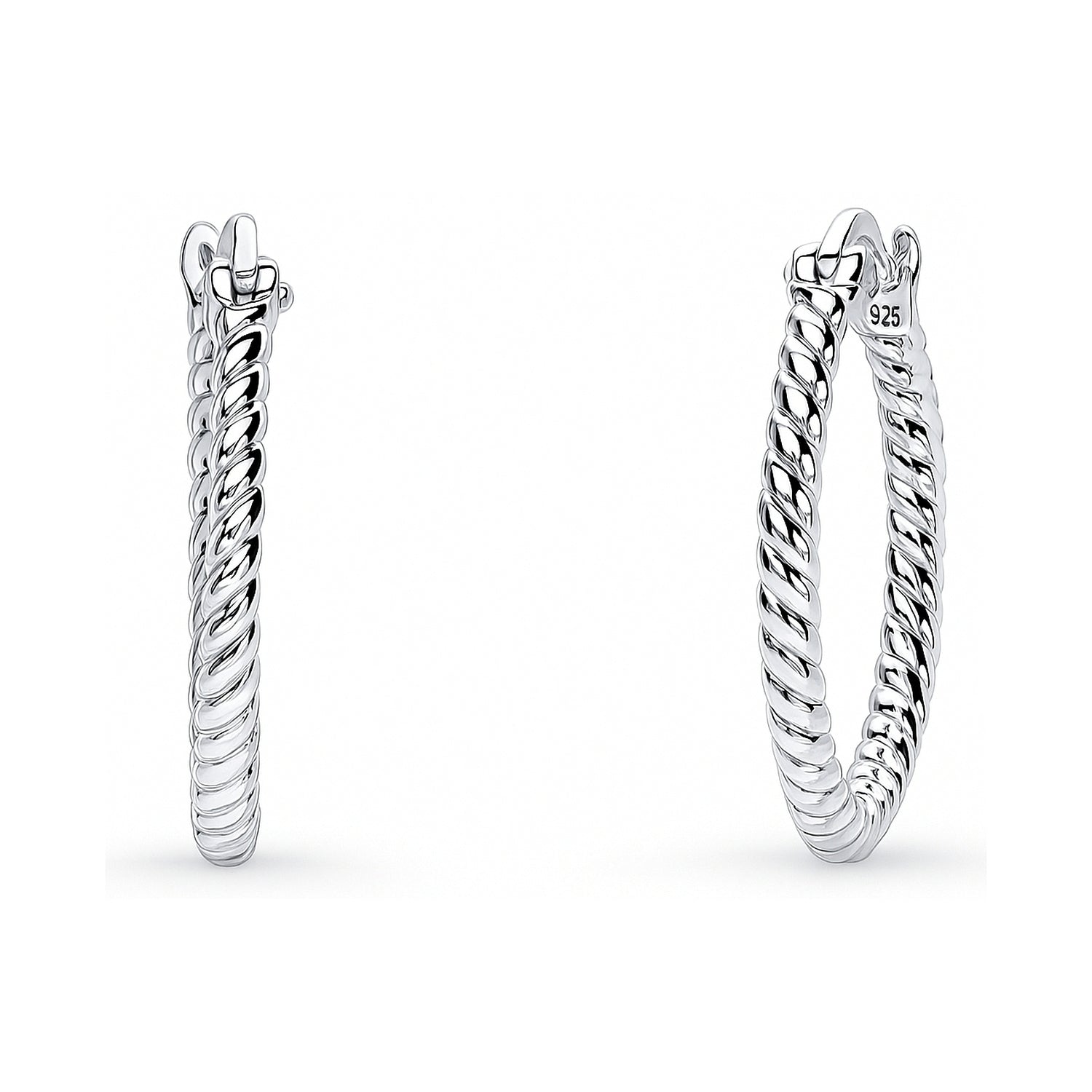 Cable Small Hoop Earrings in Sterling Silver 0.9 inch, Rhodium Plated