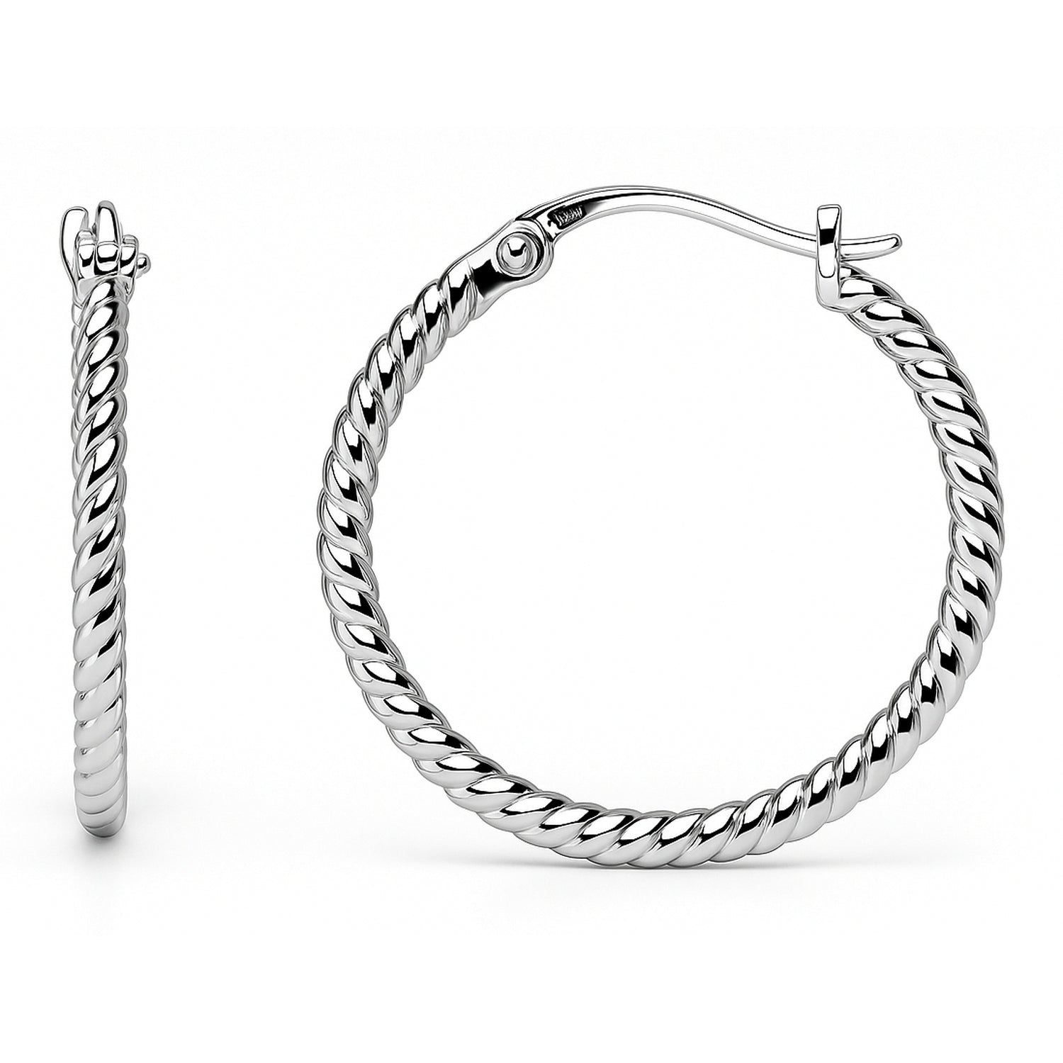 Cable Small Hoop Earrings in Sterling Silver 0.9 inch, Rhodium Plated