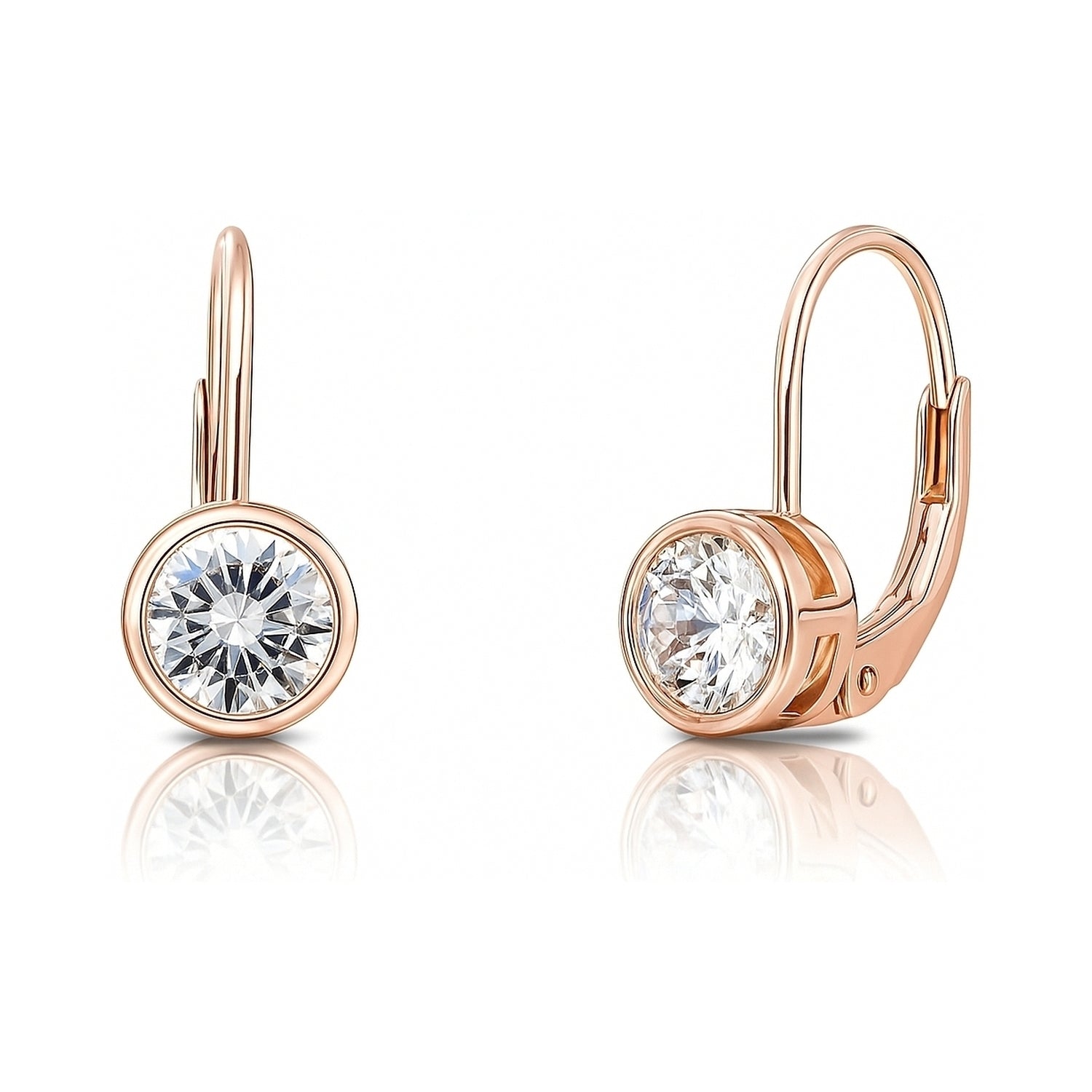 Solitaire 1.2ct Bezel CZ Leverback Earrings in Sterling Silver, Rose Gold Flashed