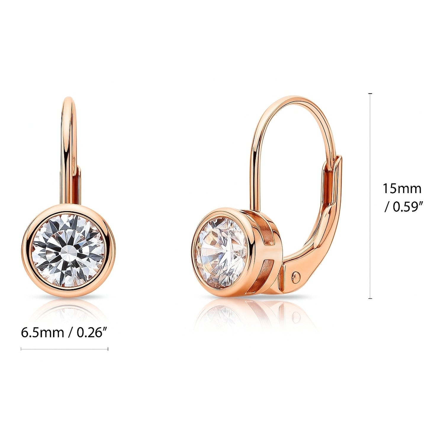 Solitaire 1.2ct Bezel CZ Leverback Earrings in Sterling Silver, Rose Gold Flashed