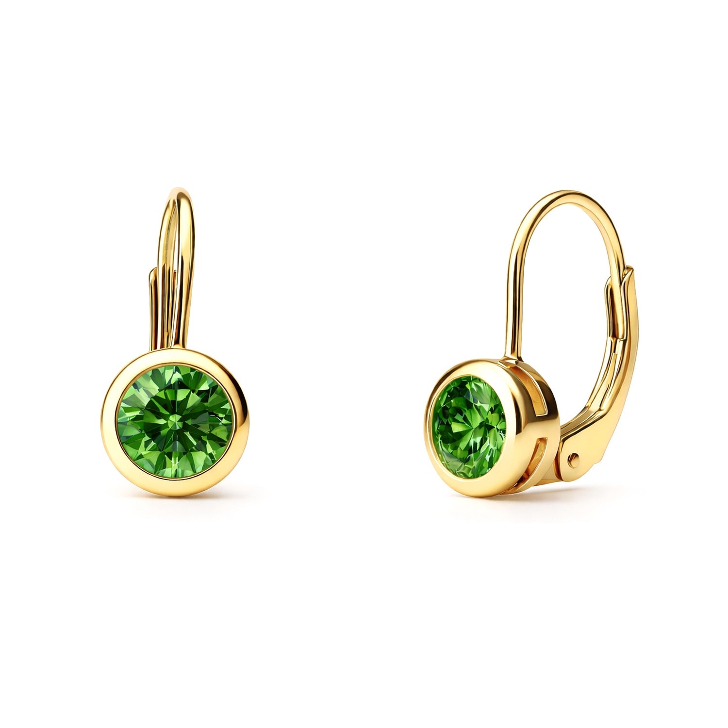 Solitaire 1.2ct Bezel CZ Leverback Earrings in Sterling Silver, Green, Gold Flashed