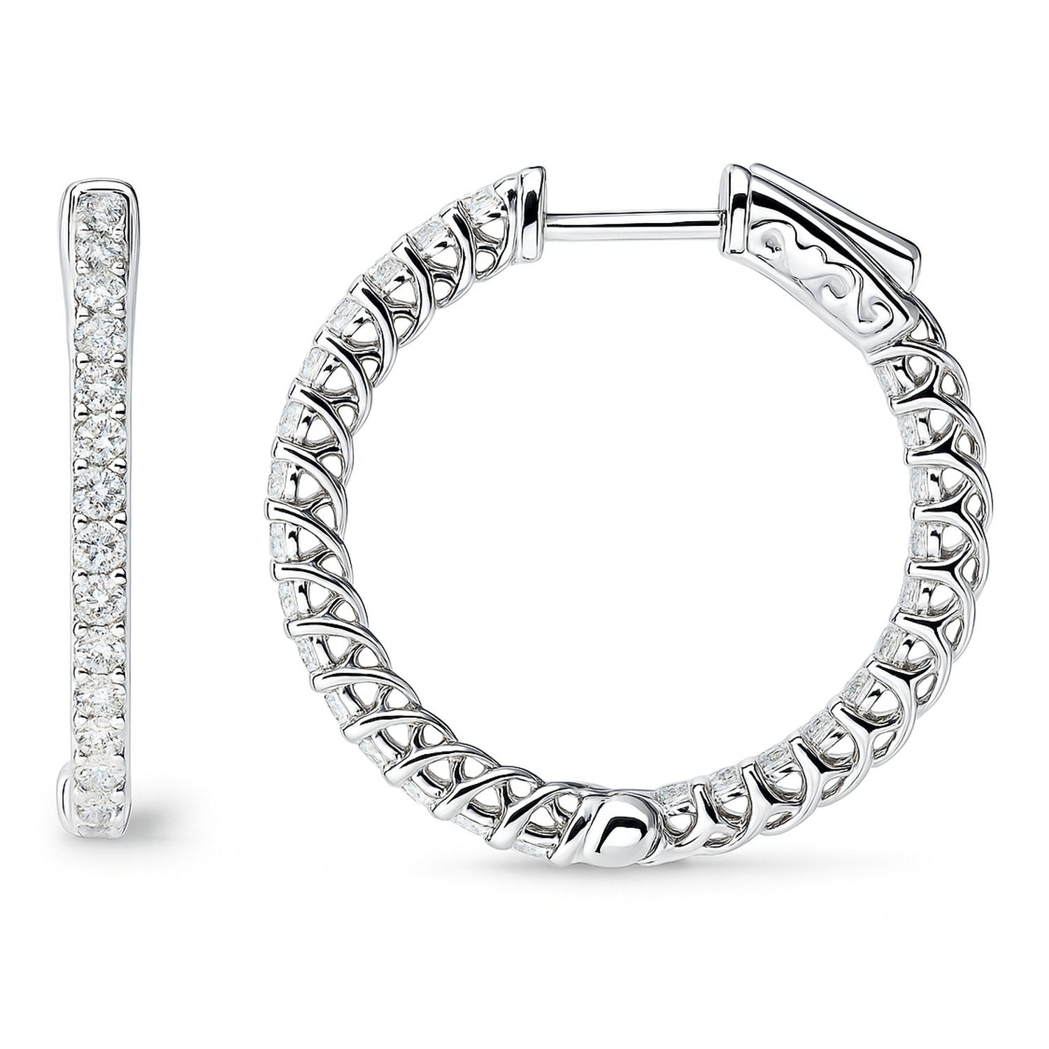 CZ Small Inside-Out Hoop Earrings in Sterling Silver 1 inch, Rhodium Plated