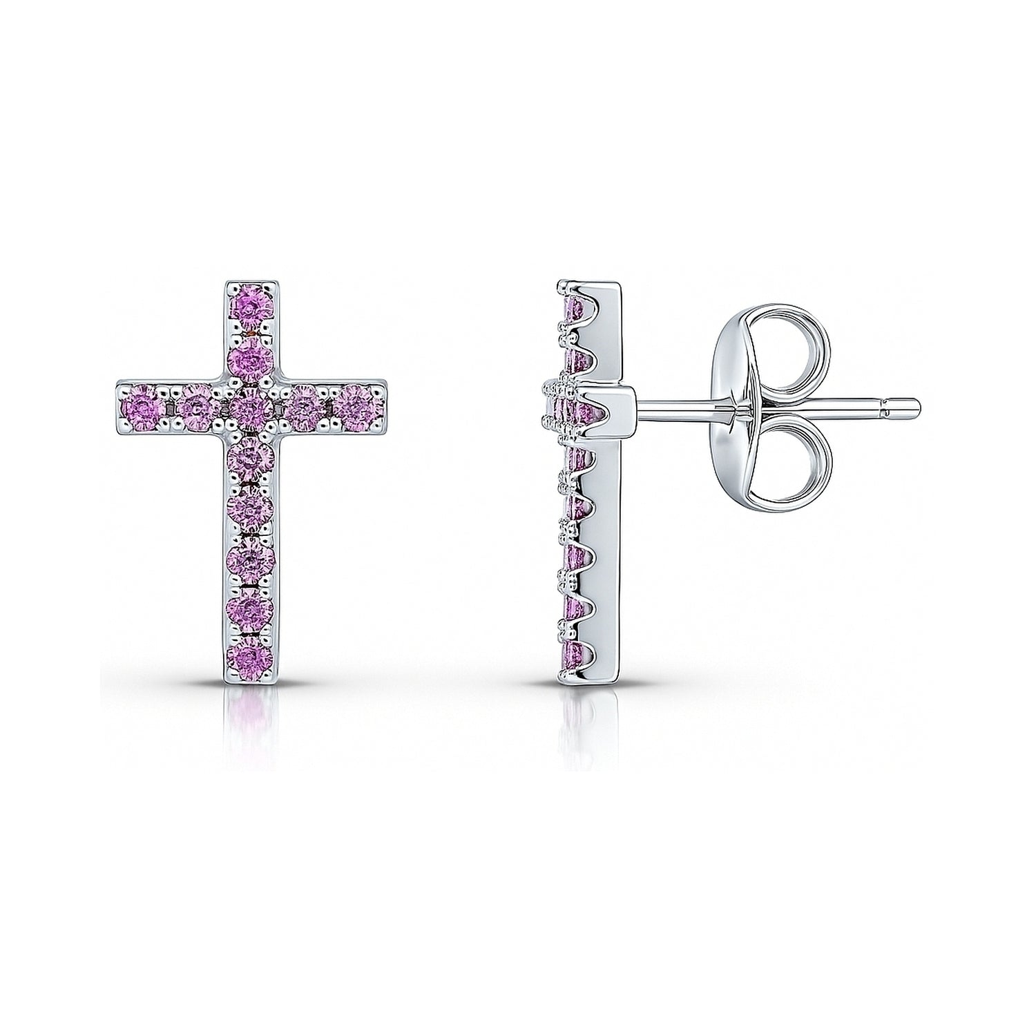 Cross CZ Stud Earrings in Sterling Silver, Purple Color