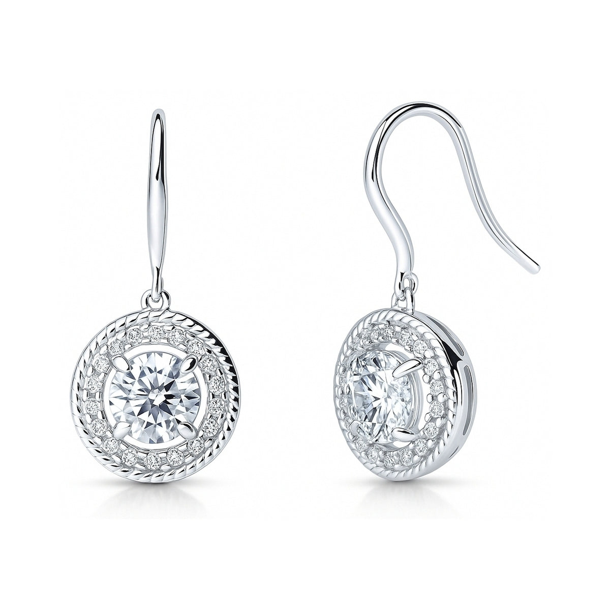 Halo Cable Art Deco CZ Fish Hook Earrings in Sterling Silver