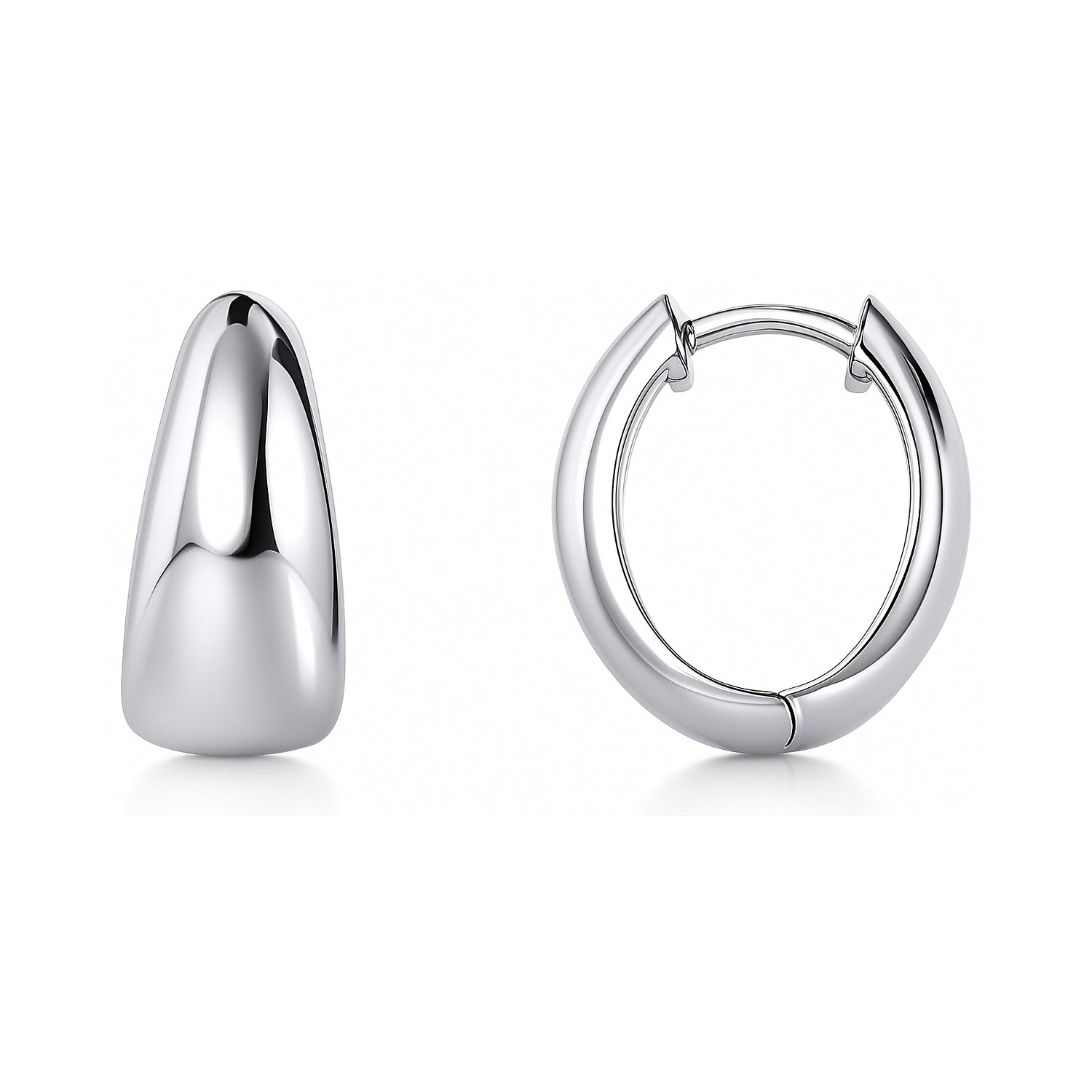 Oval Dome Small Huggie Earrings in Sterling Silver 0.6 inch, Rhodium Plated