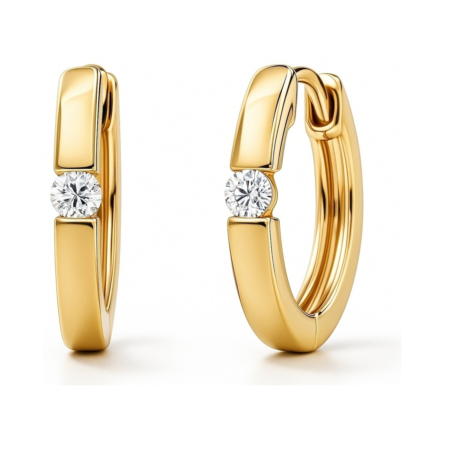 Solitaire CZ Small Hoop Earrings in Gold Flashed Sterling Silver, 0.55 inch