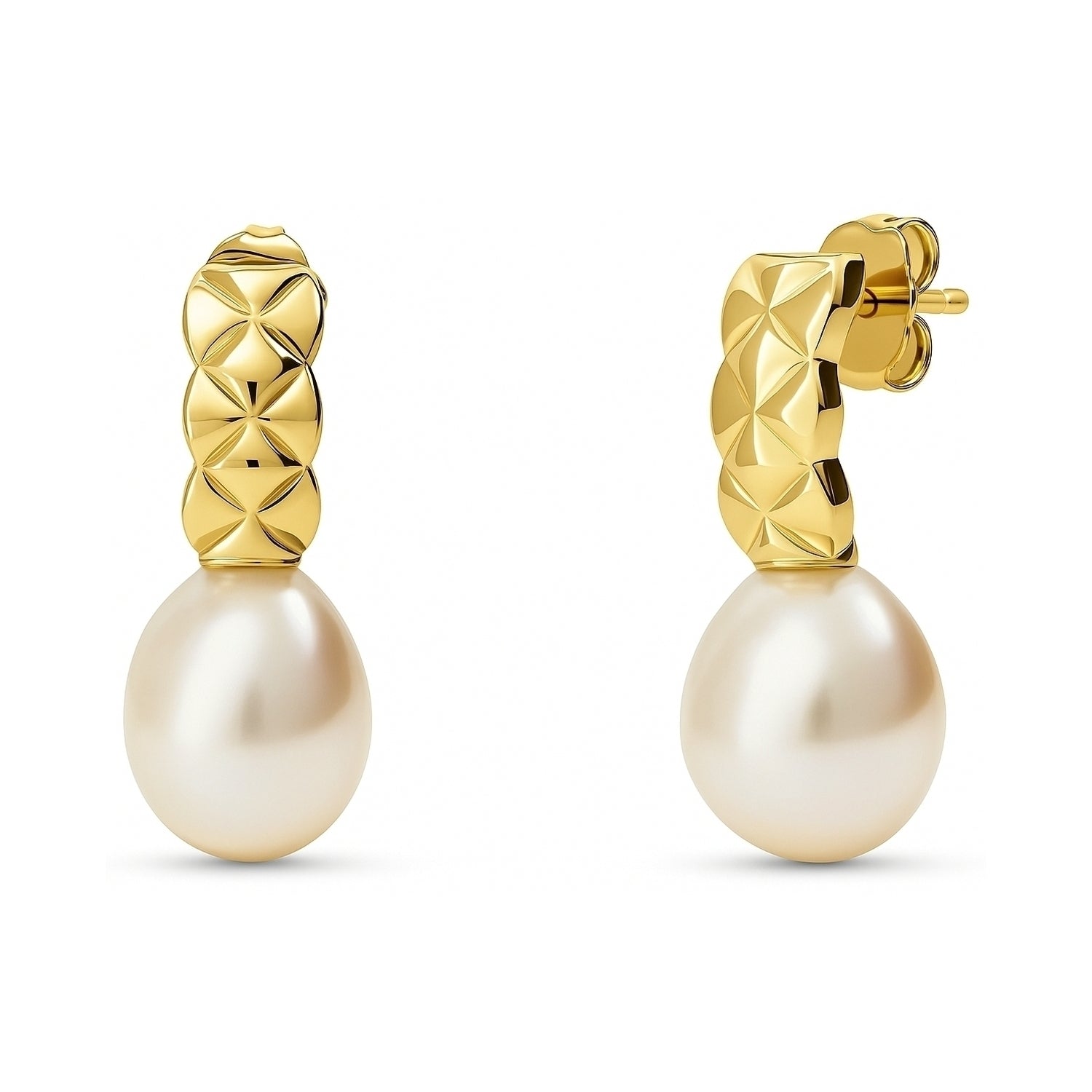 Solitaire Baroque Cultured Pearl Stud Earrings in Sterling Silver, Yellow Gold Flashed