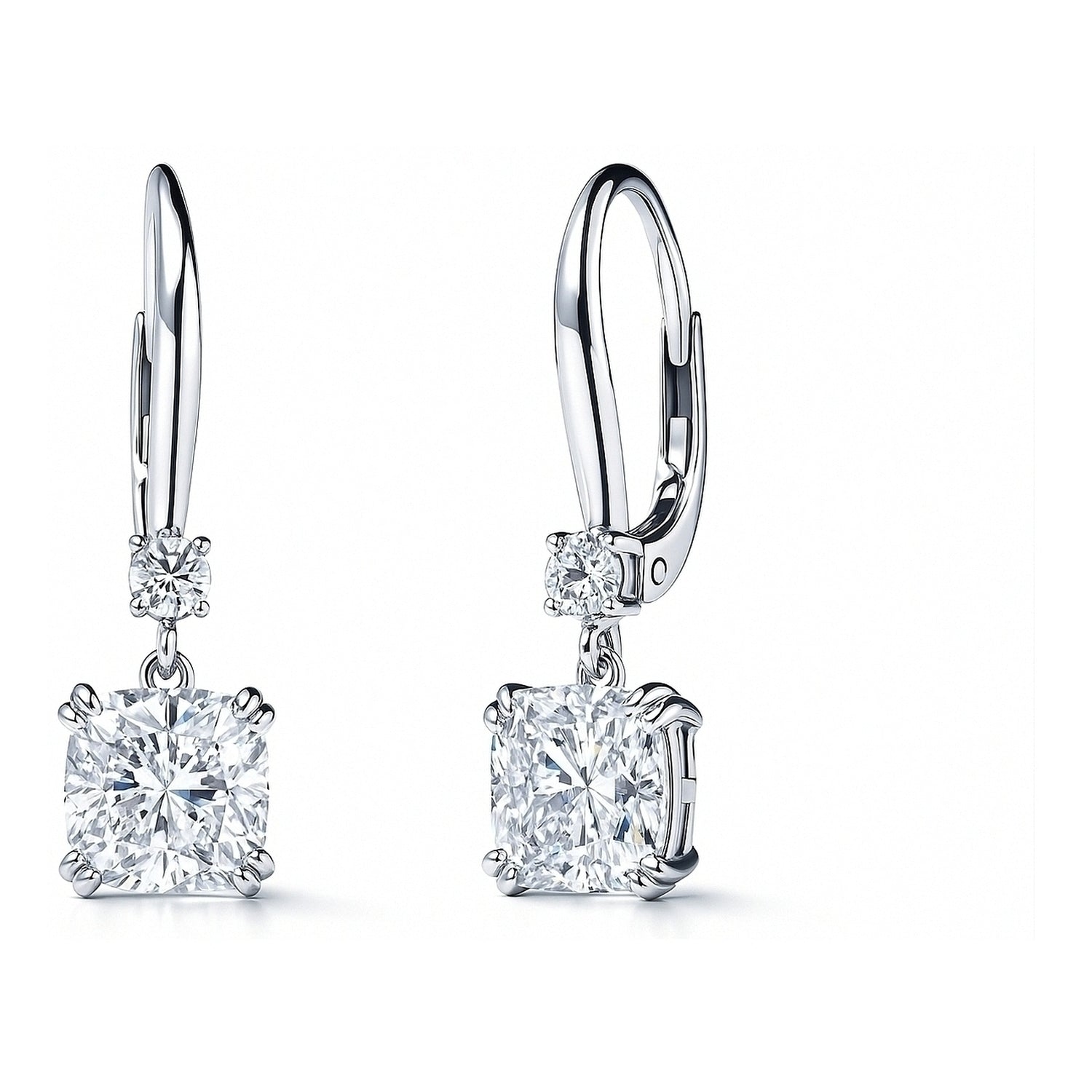 Solitaire 4ct Cushion CZ Leverback Earrings in Sterling Silver