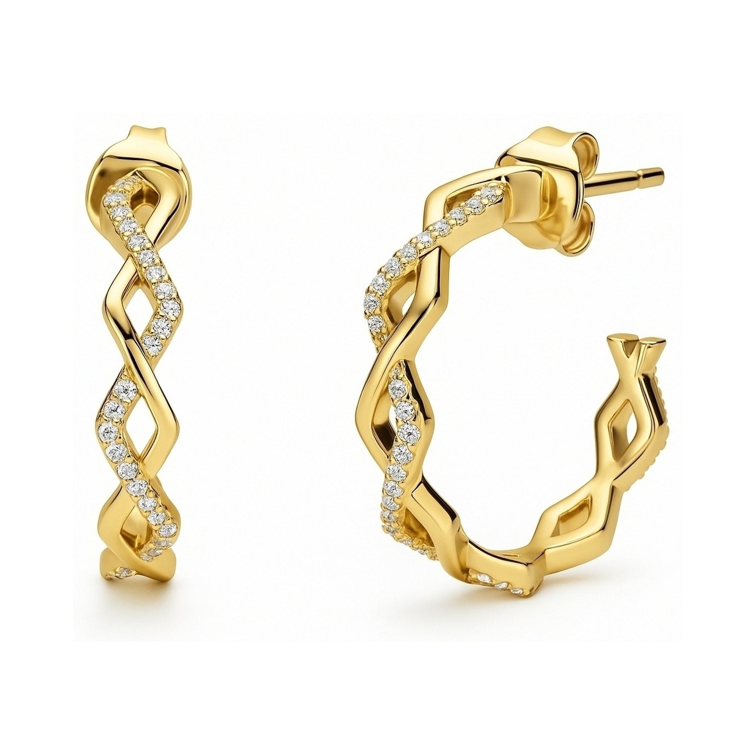 Woven CZ Small Hoop Earrings in Sterling Silver 0.8 inch, Yellow Gold Flashed