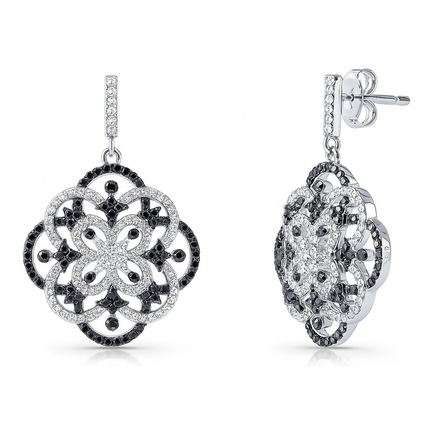 Flower Black and White CZ Earrings in Sterling Silver