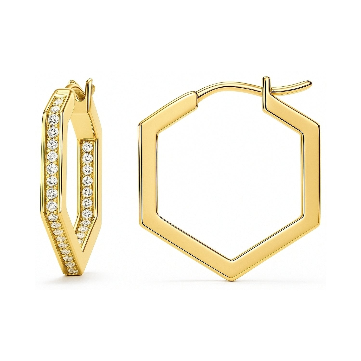 Hexagon CZ Small Inside-Out Hoop Earrings in Sterling Silver 0.8 inch, Yellow Gold Flashed