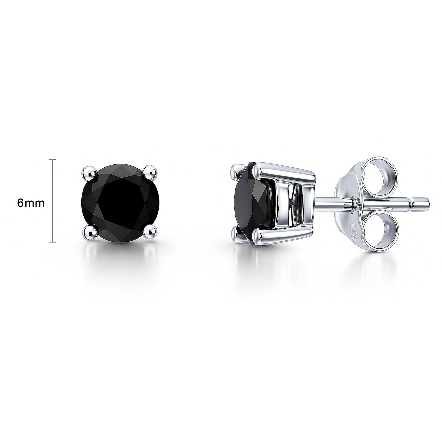 Solitaire Black CZ Stud Earrings in Sterling Silver, 6mm