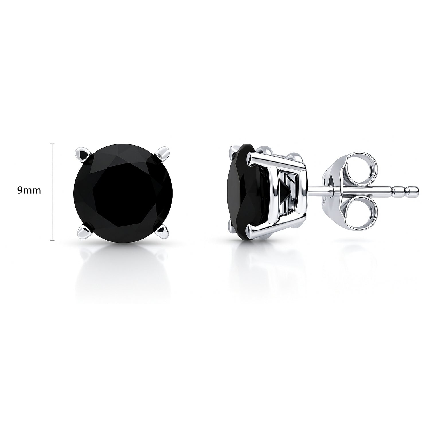 Solitaire Black CZ Stud Earrings in Sterling Silver, 9mm