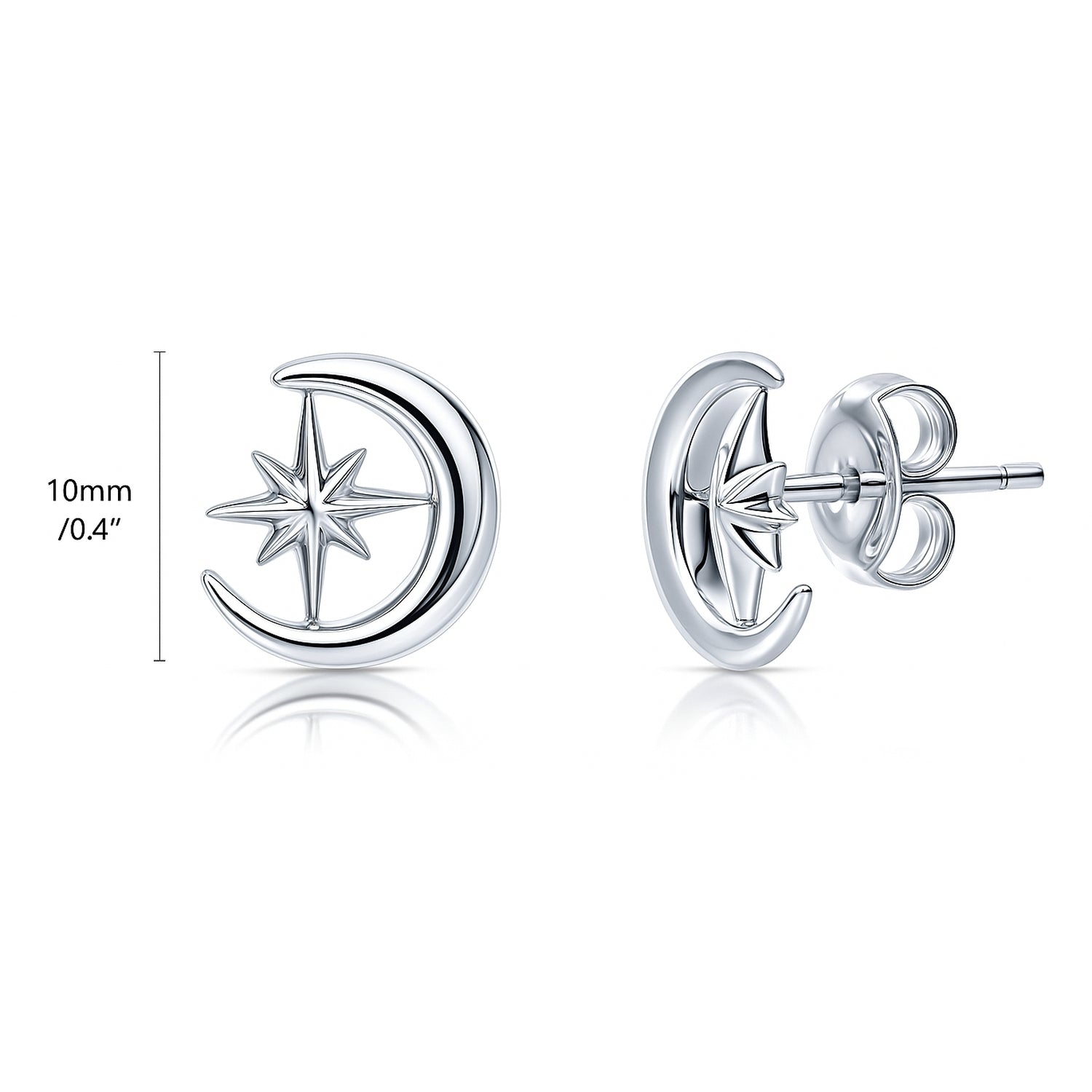 Crescent Moon North Star Stud Earrings in Sterling Silver