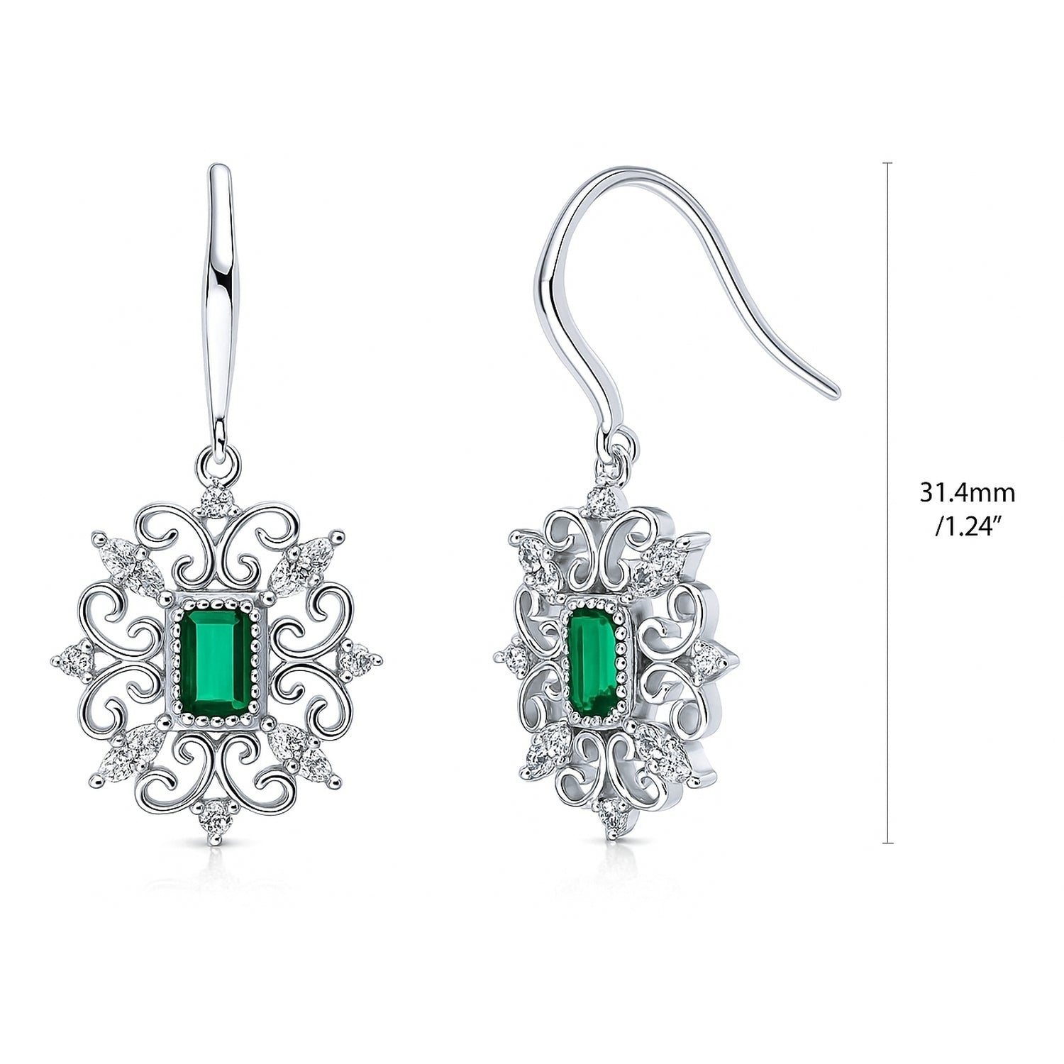 Art Deco Filigree Green CZ Fish Hook Earrings in Sterling Silver