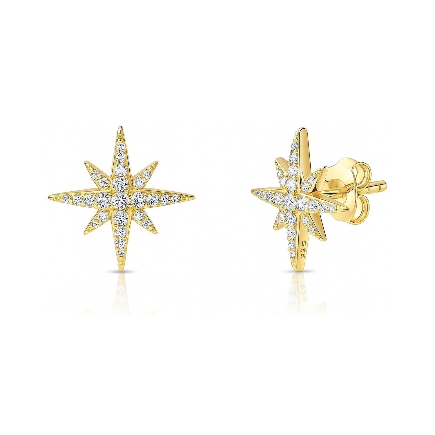 North Star CZ Stud Earrings in Sterling Silver, Yellow Gold Flashed