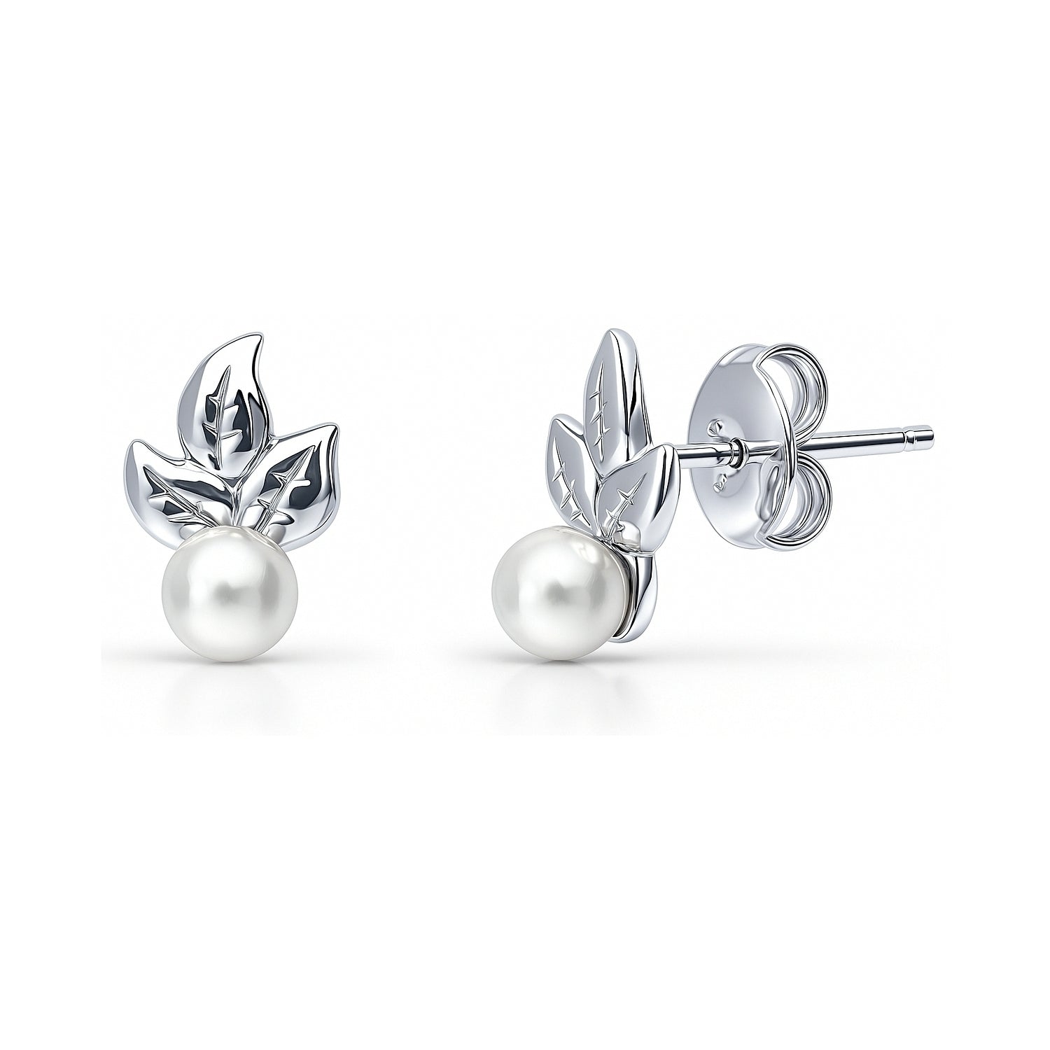 Leaf Imitation Pearl Stud Earrings in Sterling Silver, Rhodium Plated